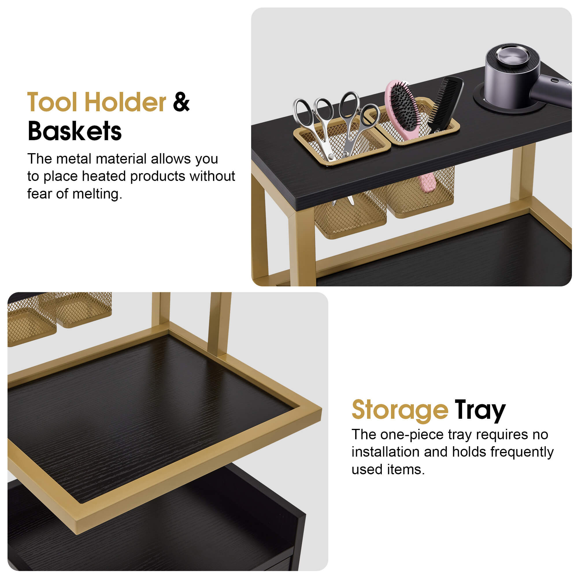 Beauty Salon Trolley with Tool Holders & Wheels, SPA Barber Rolling Cart with Metal Frame 2084