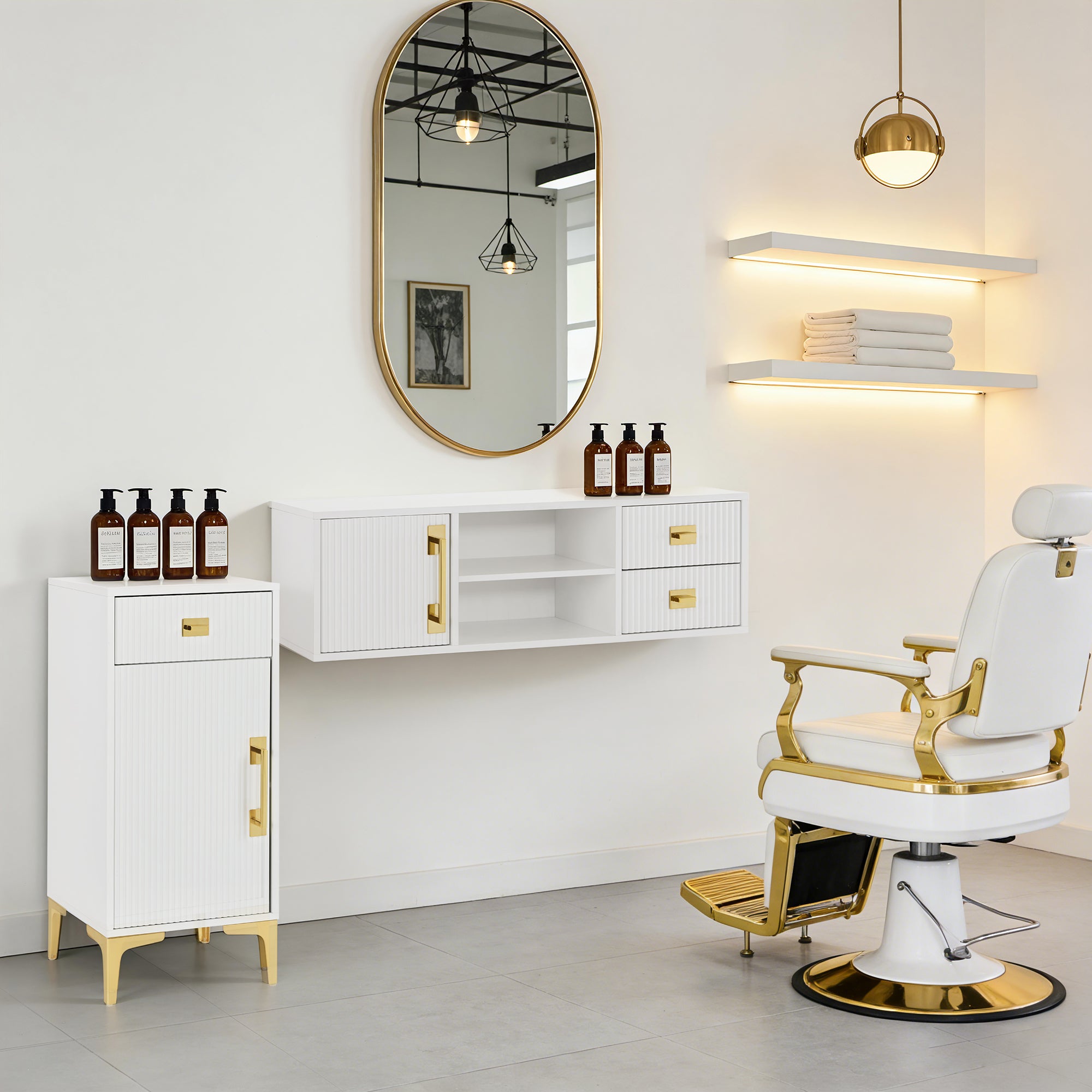 Stylish Fluted Free-Standing Barber Station for Storage, Salon Beauty Cabinet with Golden Handle 2027