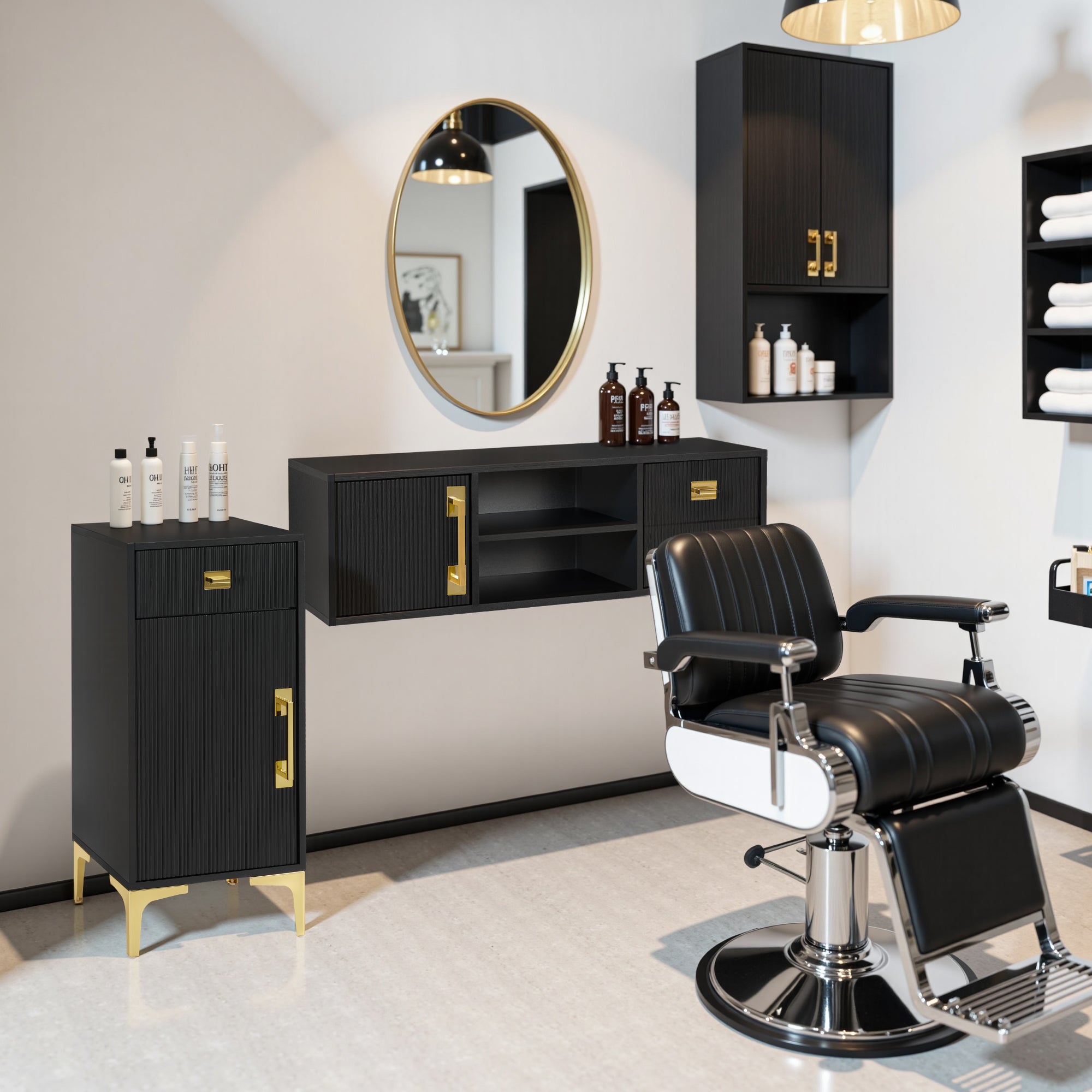 Black Fluted Free-Standing Barber Station for Storage, Salon Beauty Cabinet with Golden Handle 2027