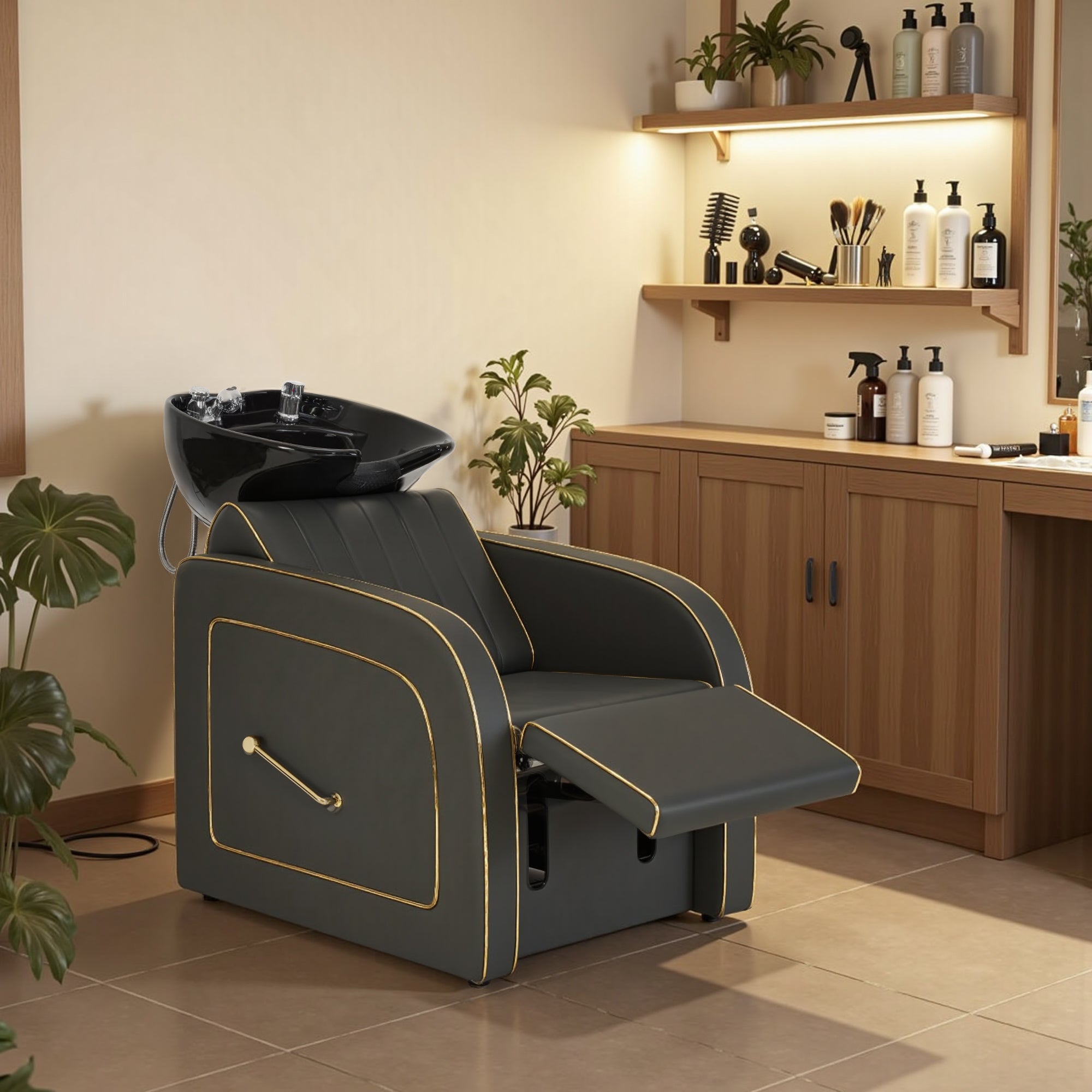 Salon & Barber Styling Chair 8885 with Hydraulic Base and Backwash Shampoo Chair 9175 with Adjustable Porcelain Bowl – Complete Professional Salon Set for Spas and Stylists