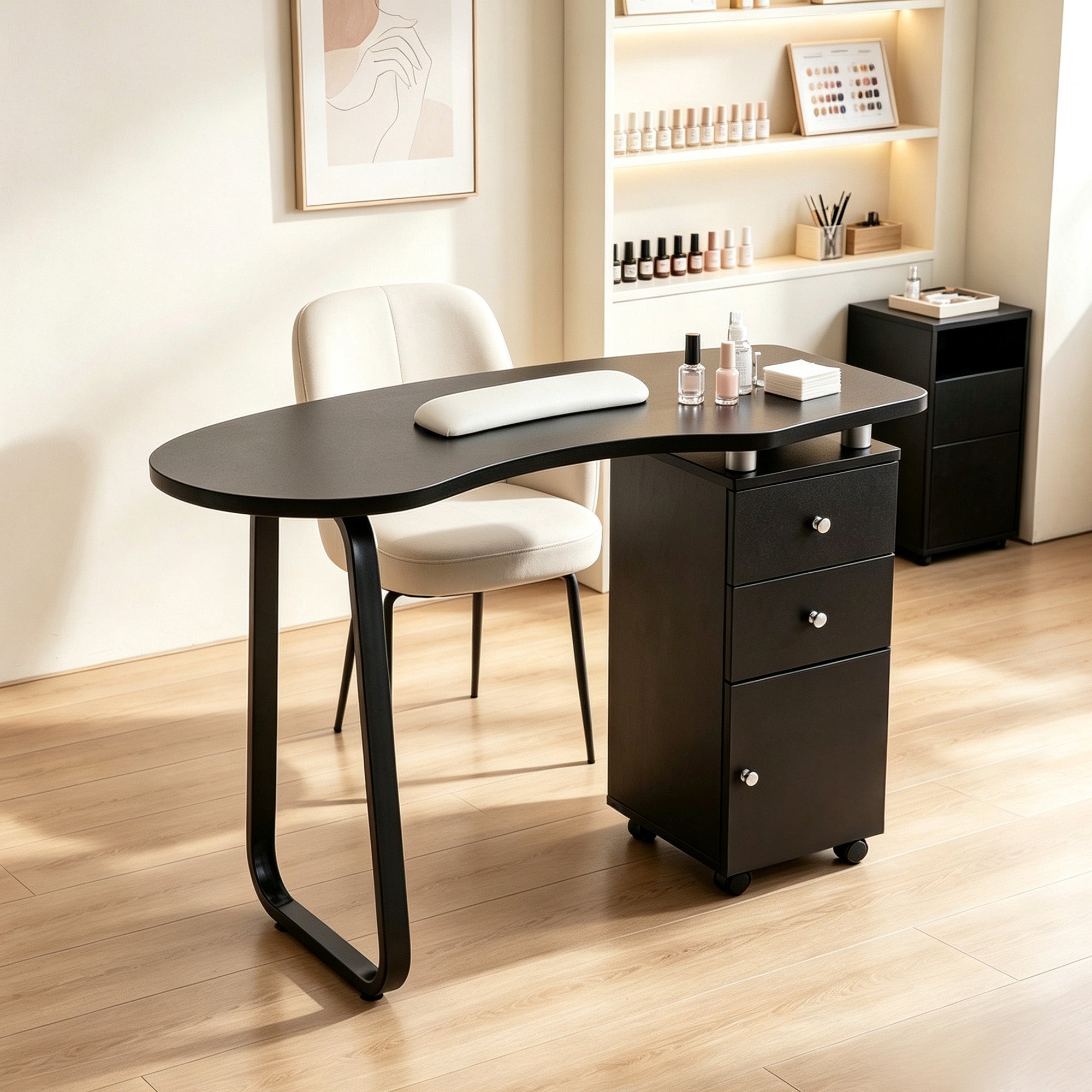 Manicure Acetone Resistant Table with Storage Cabinet & Drawer, Beauty Nail Art Desk with Wheels 0422