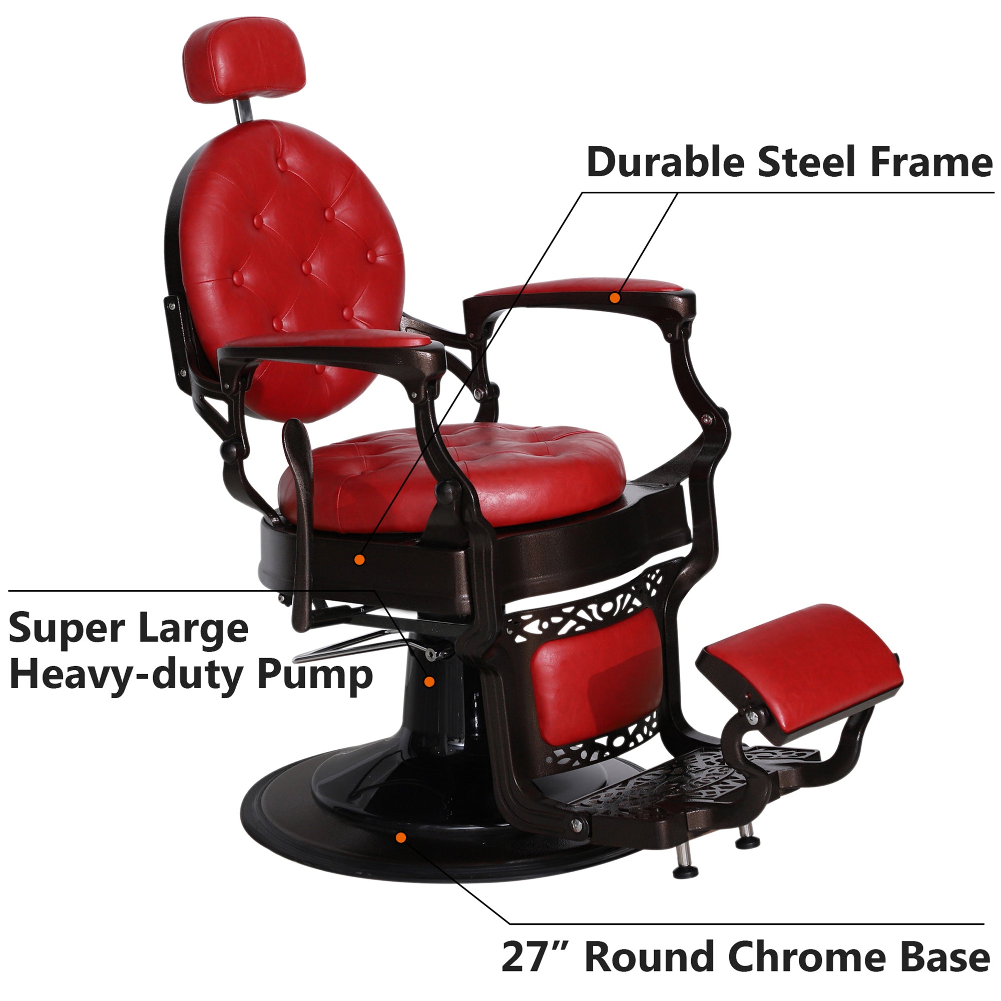 BarberPub Metal Vintage Barber Chair1, Reclining Barbershop Chair with Headrest 3849