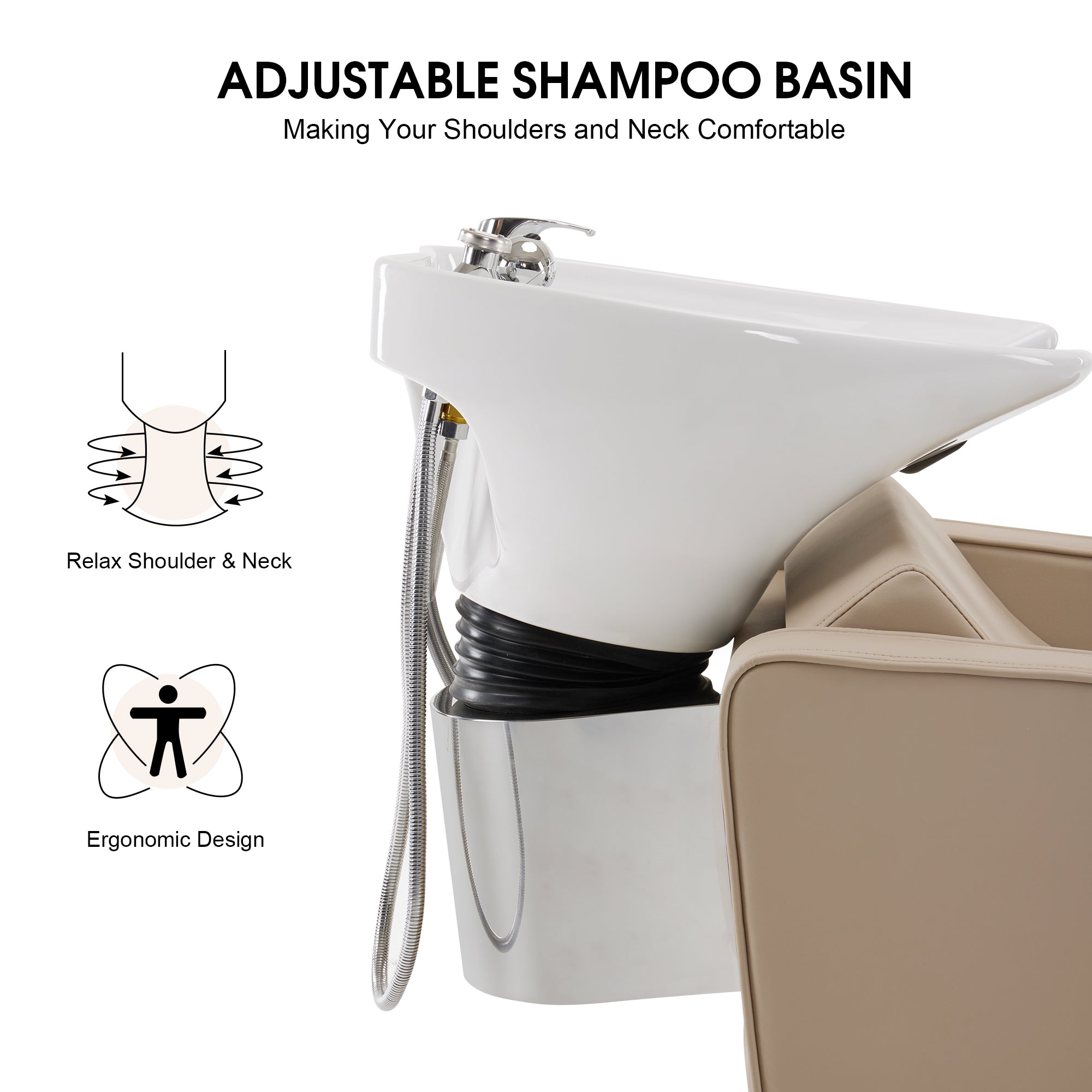 BarberPub Backwash Shampoo Station Chair, Salon Ceramic Hair Wash Bowl 9370