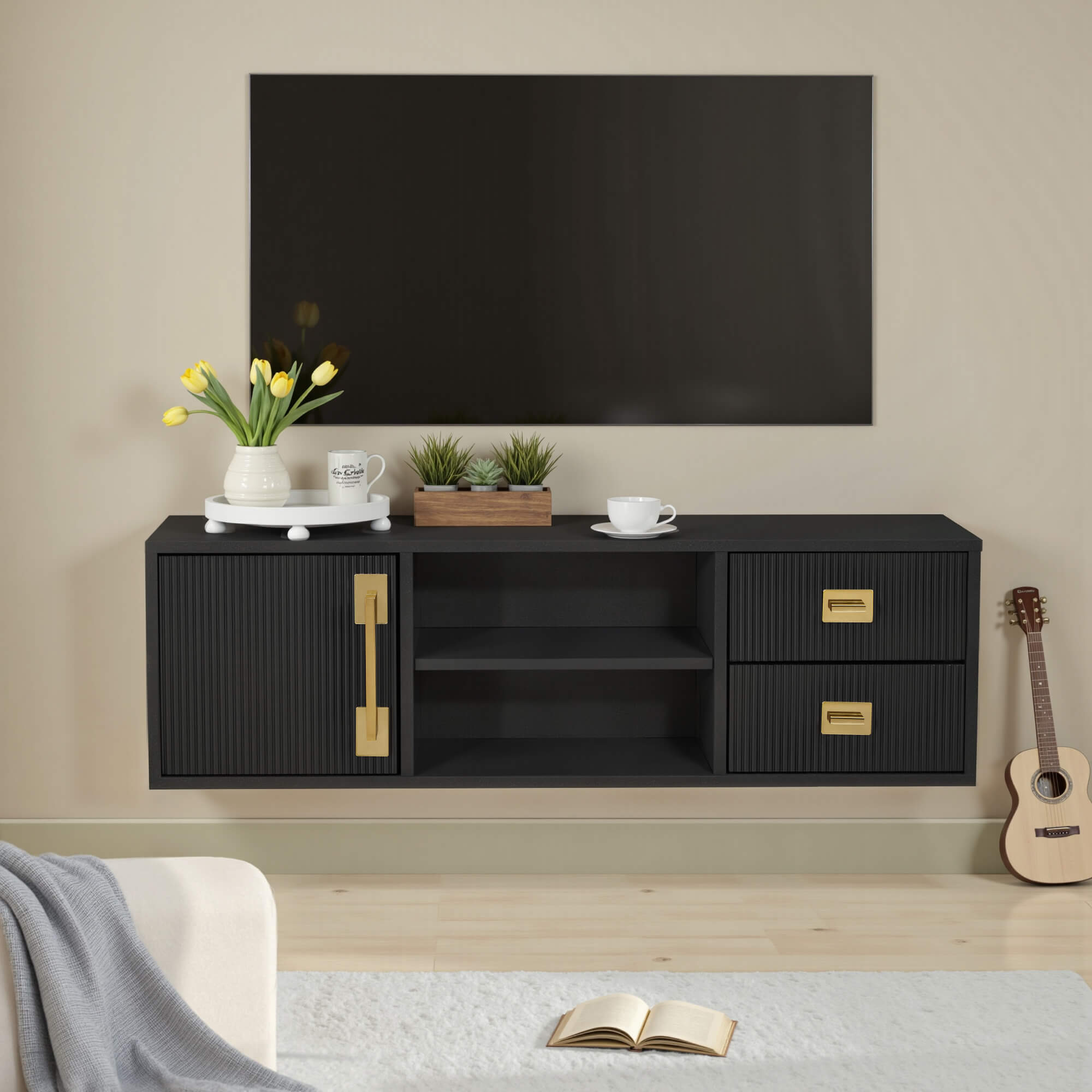 Black Fluted Wall Mounted Barber Station for Storage, Salon Beauty Cabinet with Golden Handle 2504