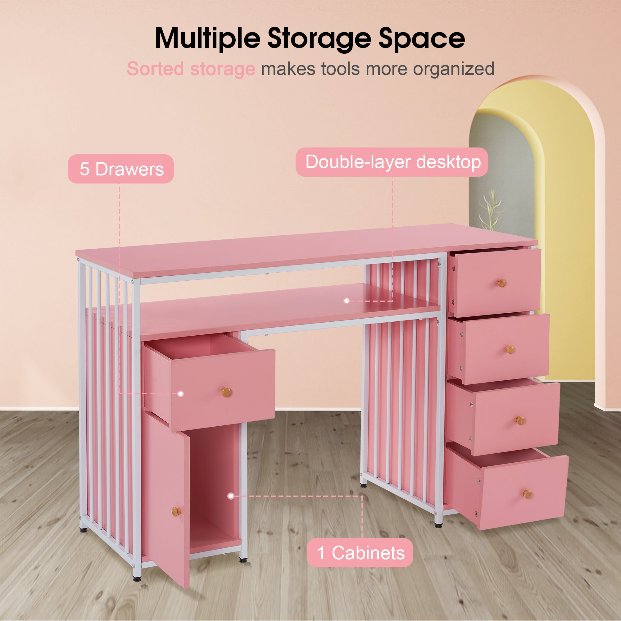 BarberPub Metal Nail Desk with Storage Drawers Home Salon Workstation 2414