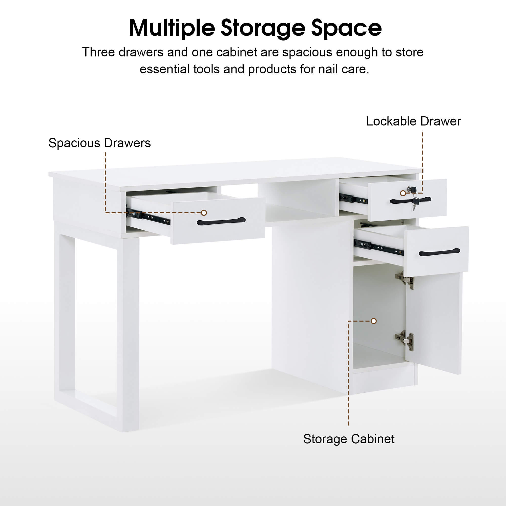 Modern White Manicure Table for Storage, Beauty Nail Art Desk with Lockable Drawer & Cabinet 2844