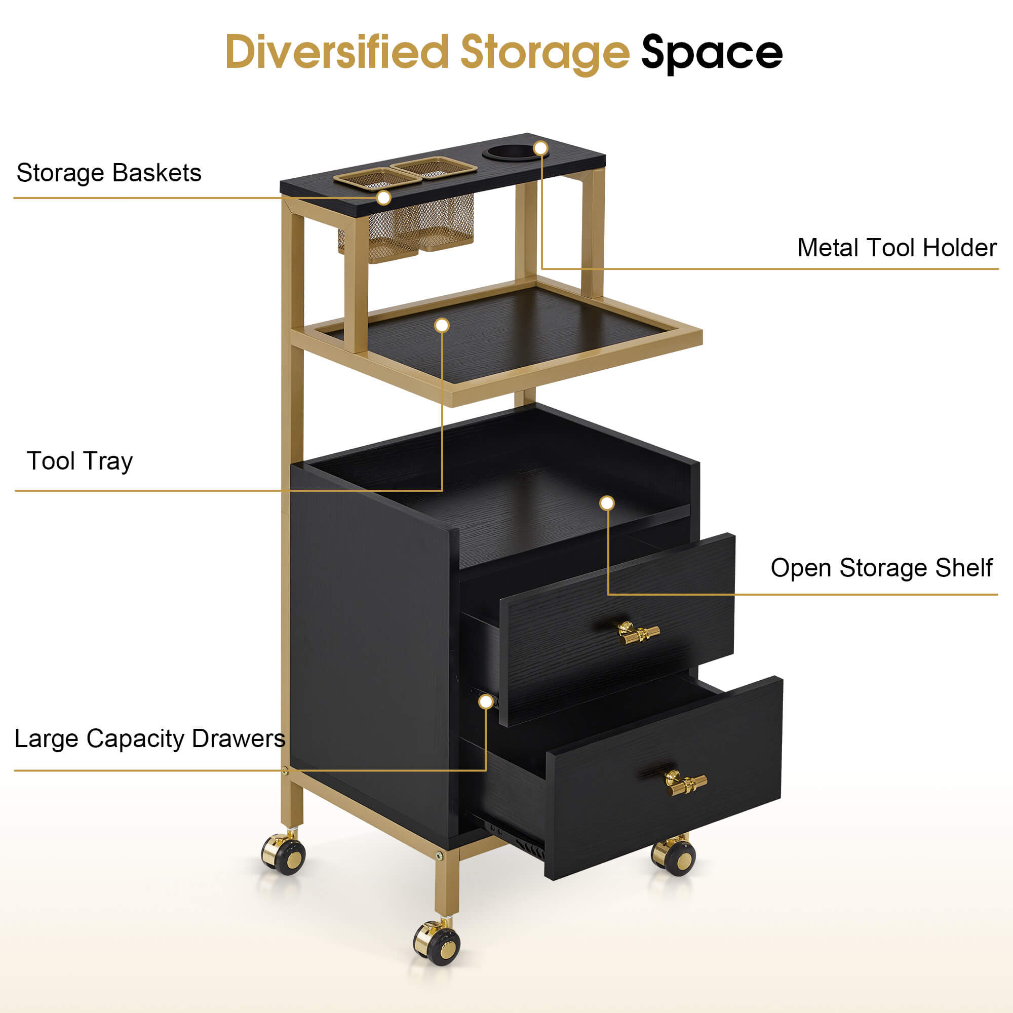 Beauty Salon Trolley with Tool Holders & Wheels, SPA Barber Rolling Cart with Metal Frame 2084