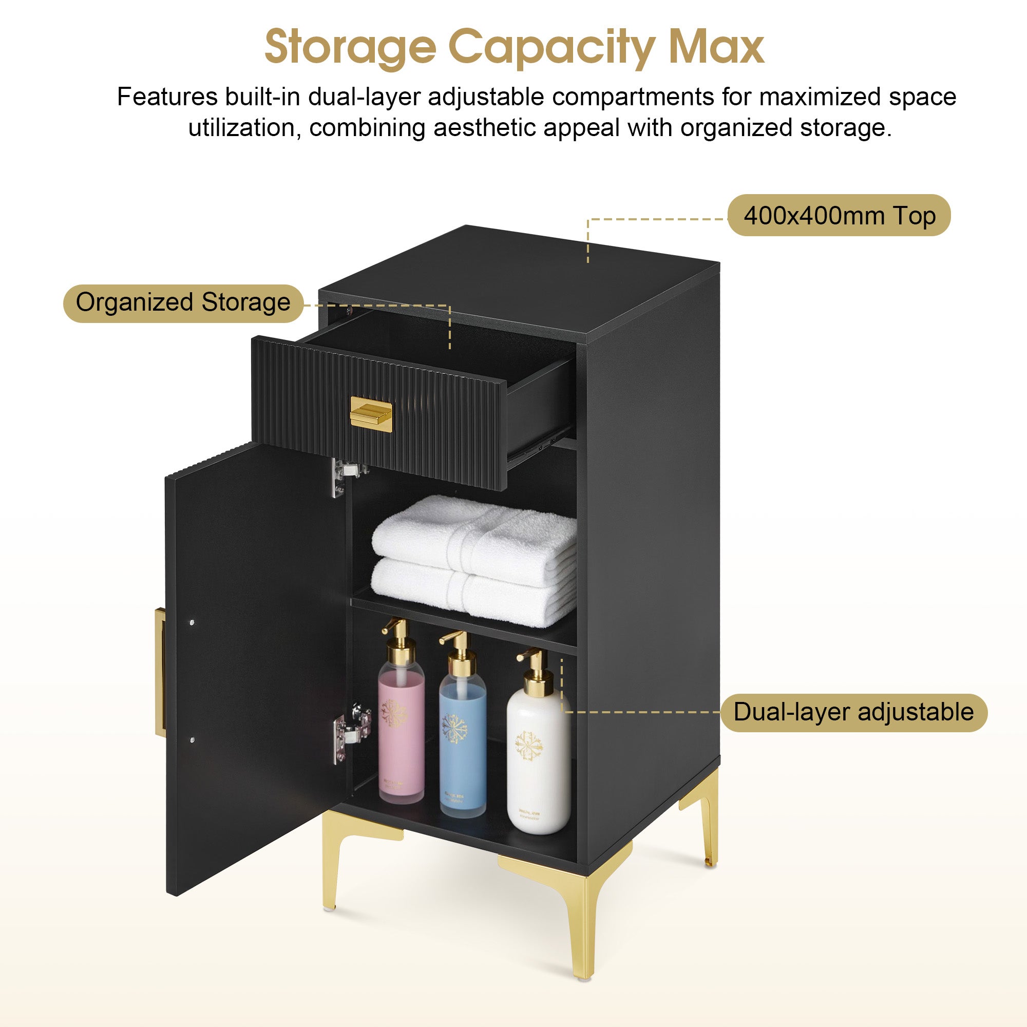 Black Fluted Free-Standing Barber Station for Storage, Salon Beauty Cabinet with Golden Handle 2027