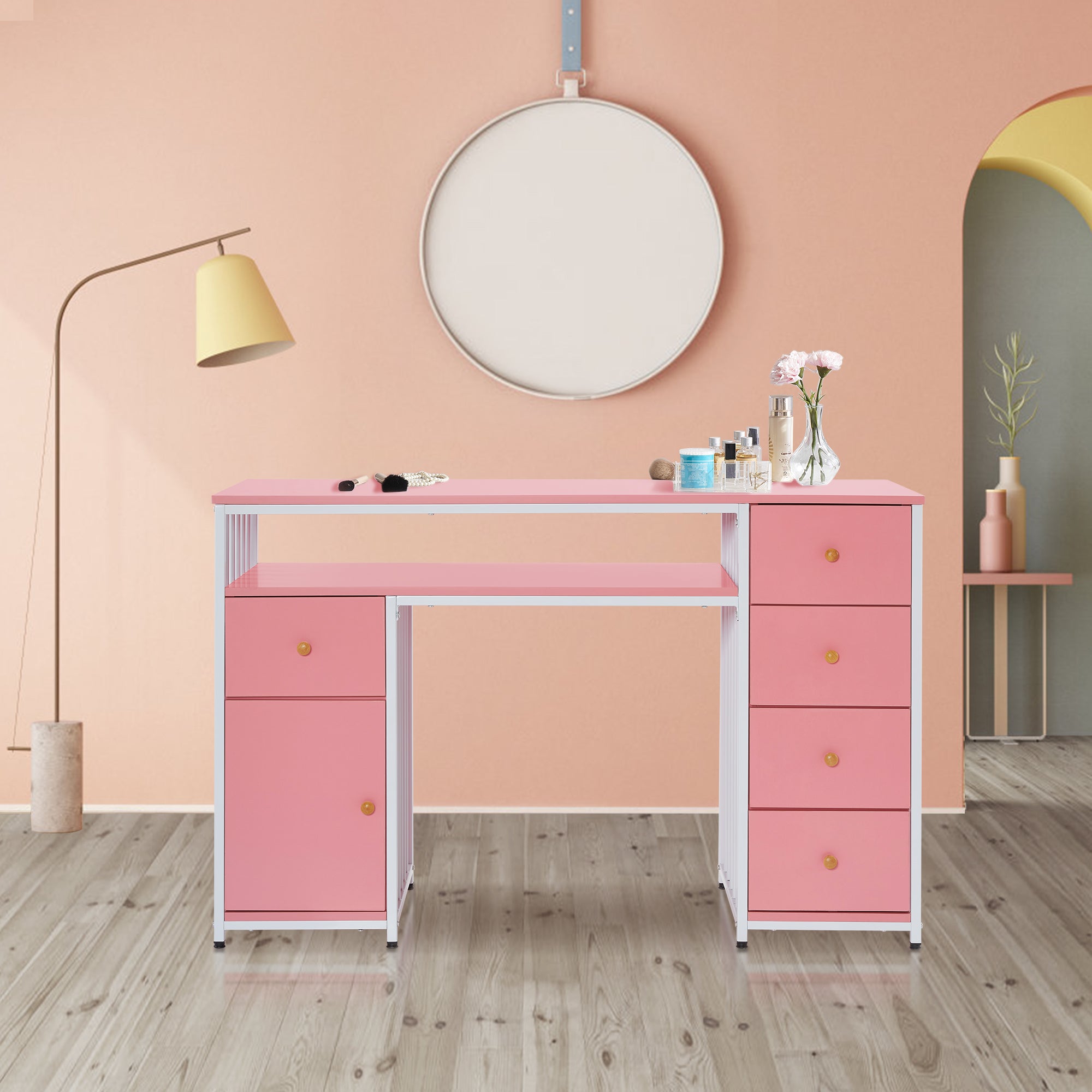 BarberPub Metal Nail Desk with Storage Drawers Home Salon Workstation 2414