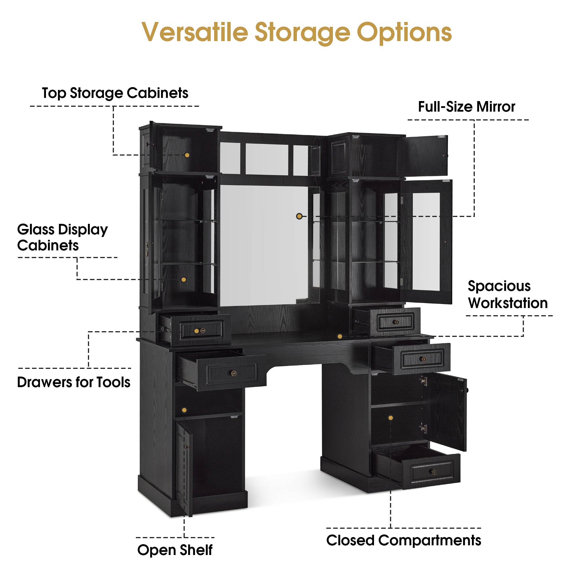Black Vintage Barber Station for Storage, Classic Salon Workstation with Integrated Mirror 3149