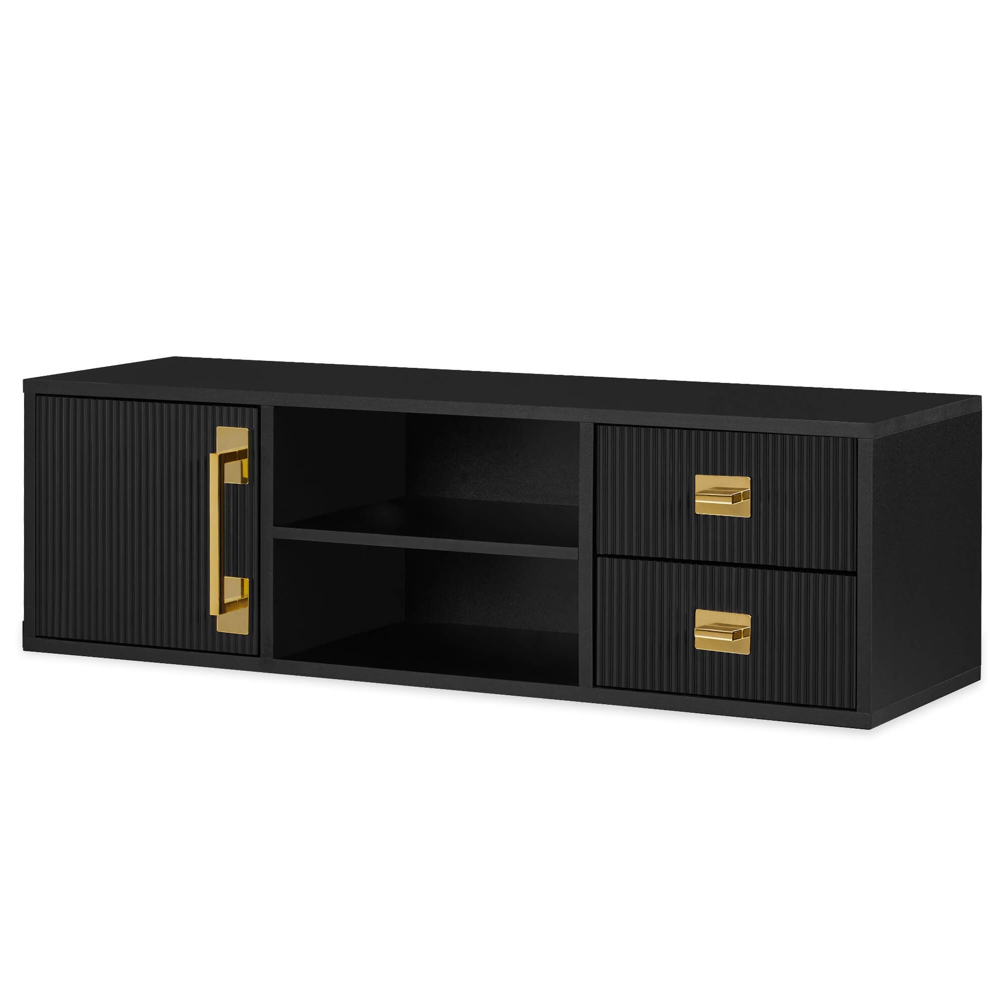 Black Fluted Wall Mounted Barber Station for Storage, Salon Beauty Cabinet with Golden Handle 2504