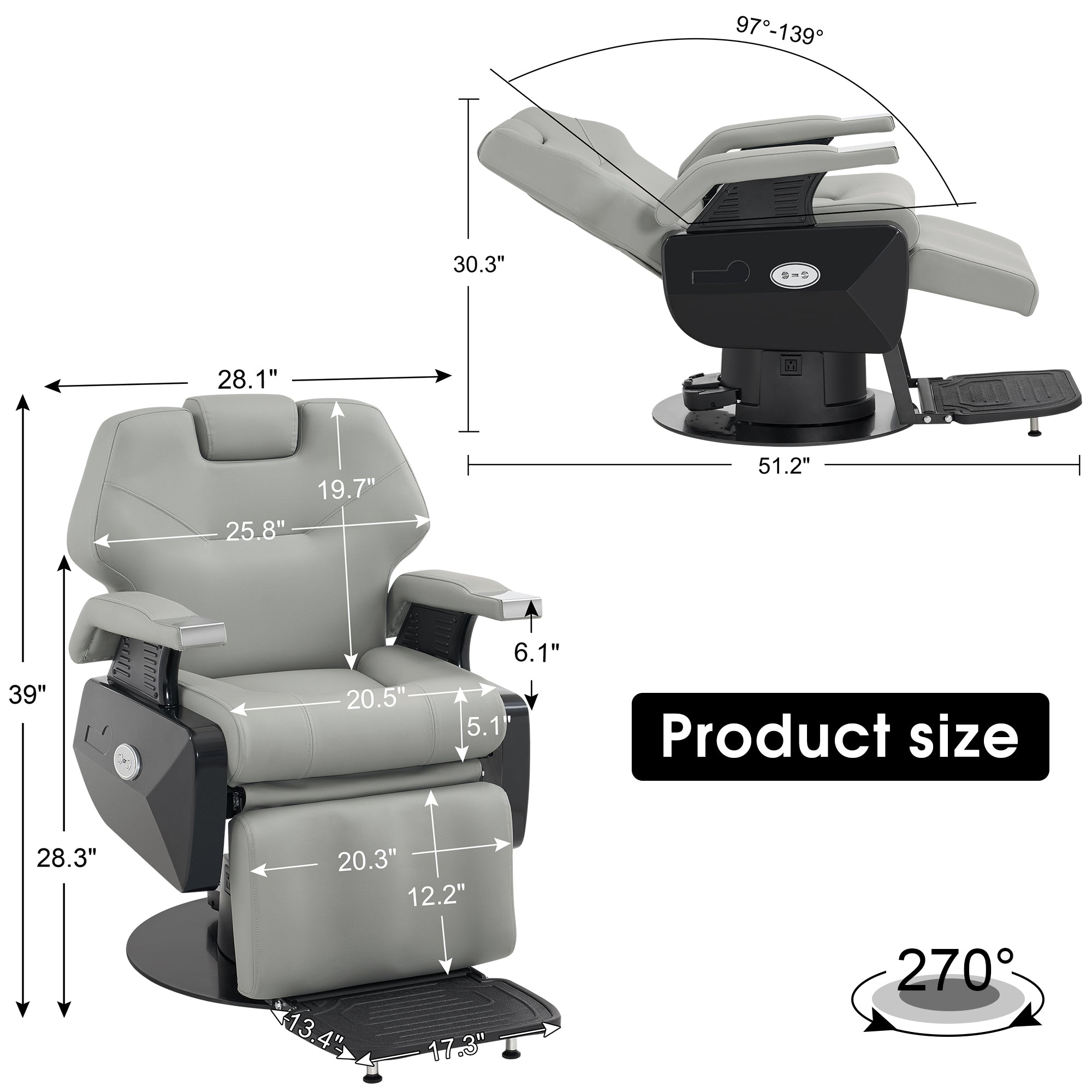 BarberPub Electric Barber Chair, Reclining Salon Styling Chair for Hair Stylist 9108