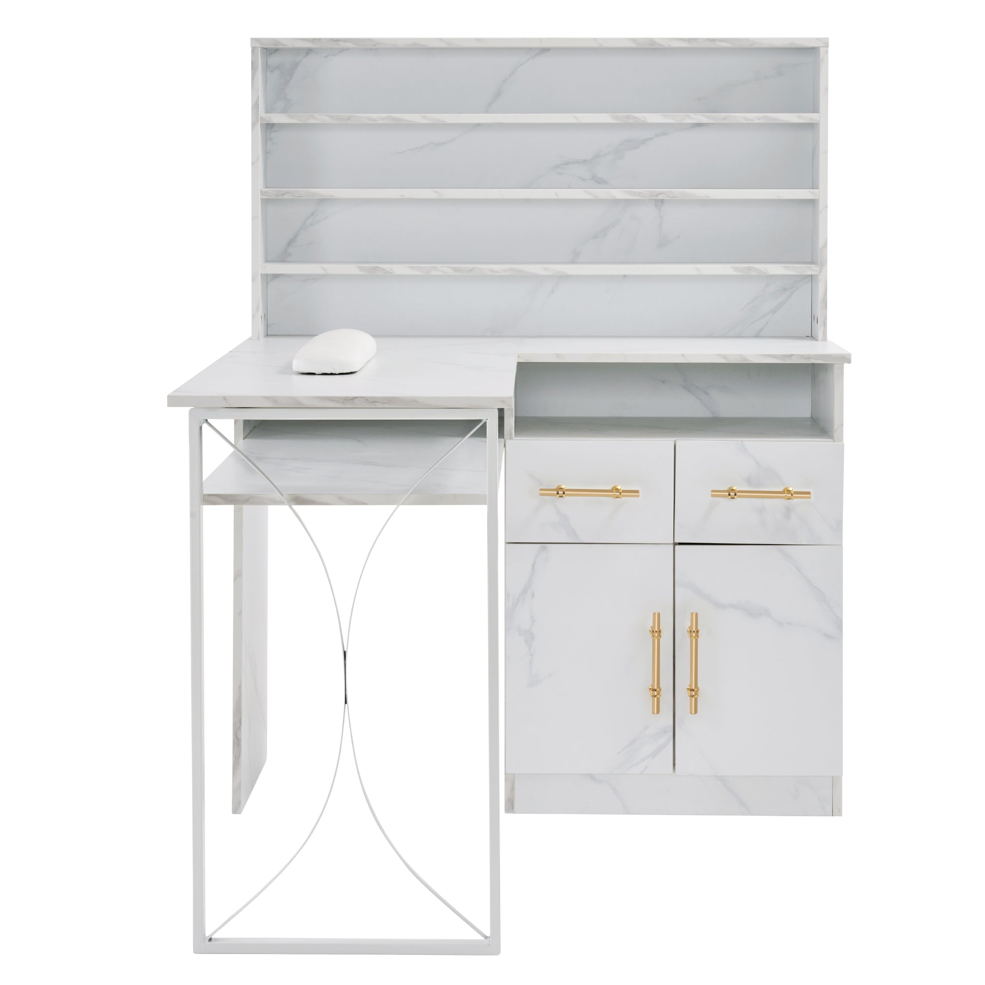 BarberPub L-shaped Nail Desk, Versatile Manicure Table with Metal Support 2833