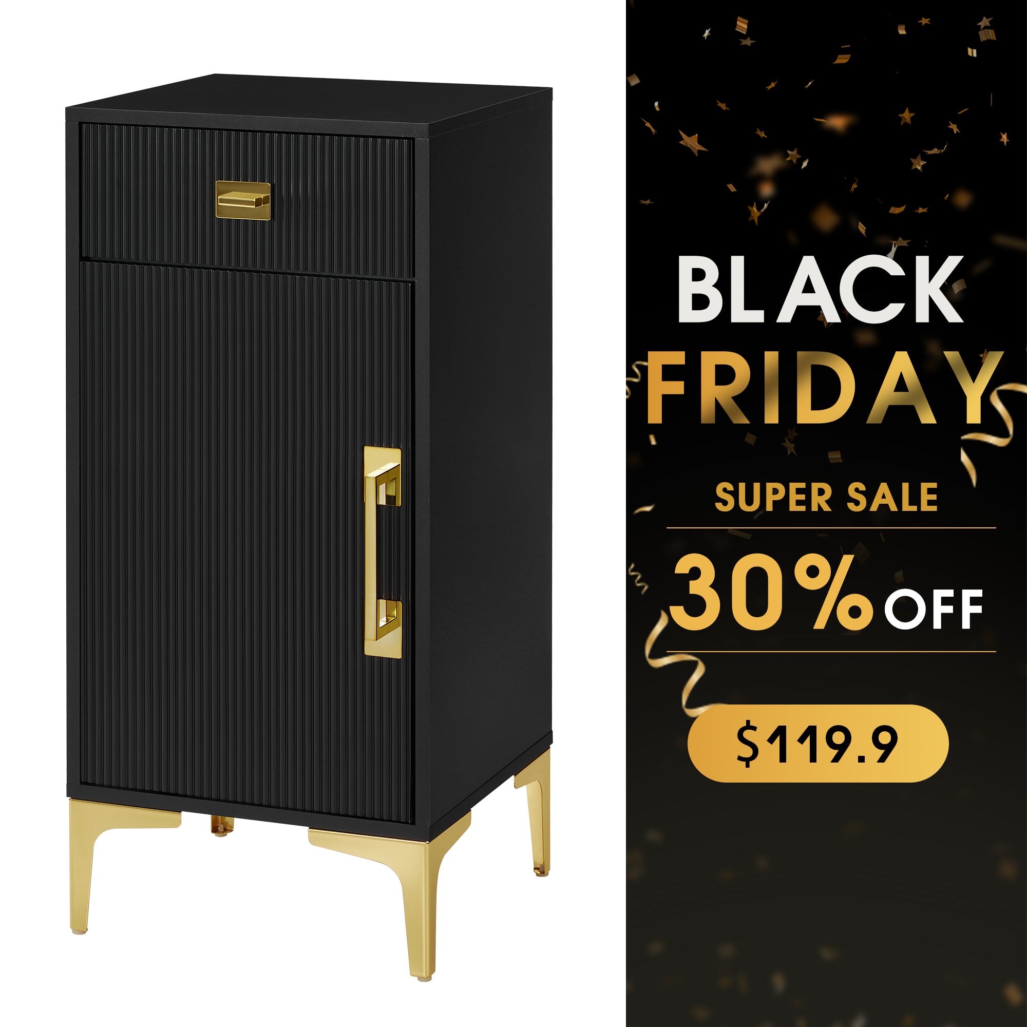 Black Fluted Free-Standing Barber Station for Storage, Salon Beauty Cabinet with Golden Handle 2027