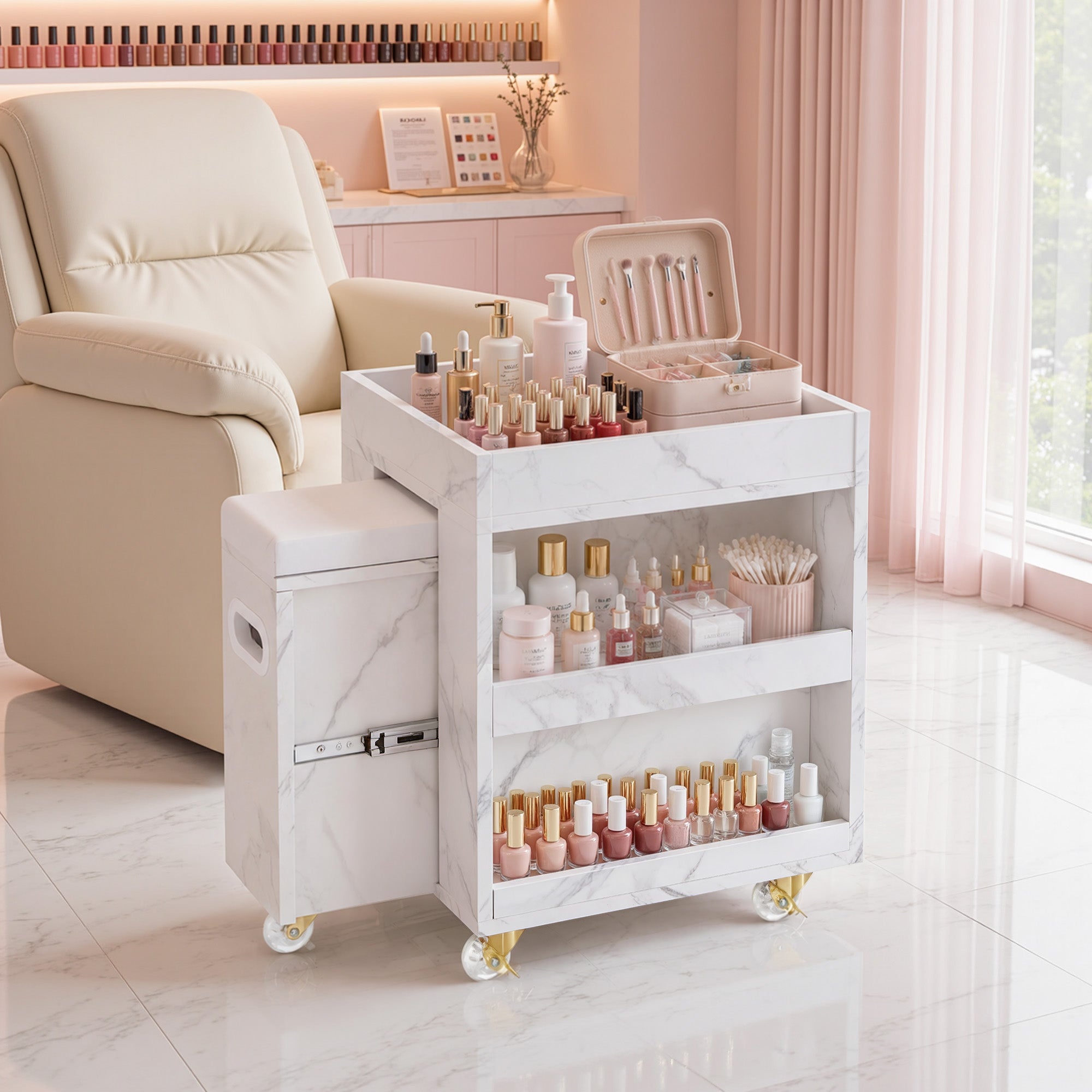 BarberPub Foot Nail Cart with Diverse Storage Spaces, Mobile Pedicure Trolley Featuring 4 Lockable Wheels 2091/2099