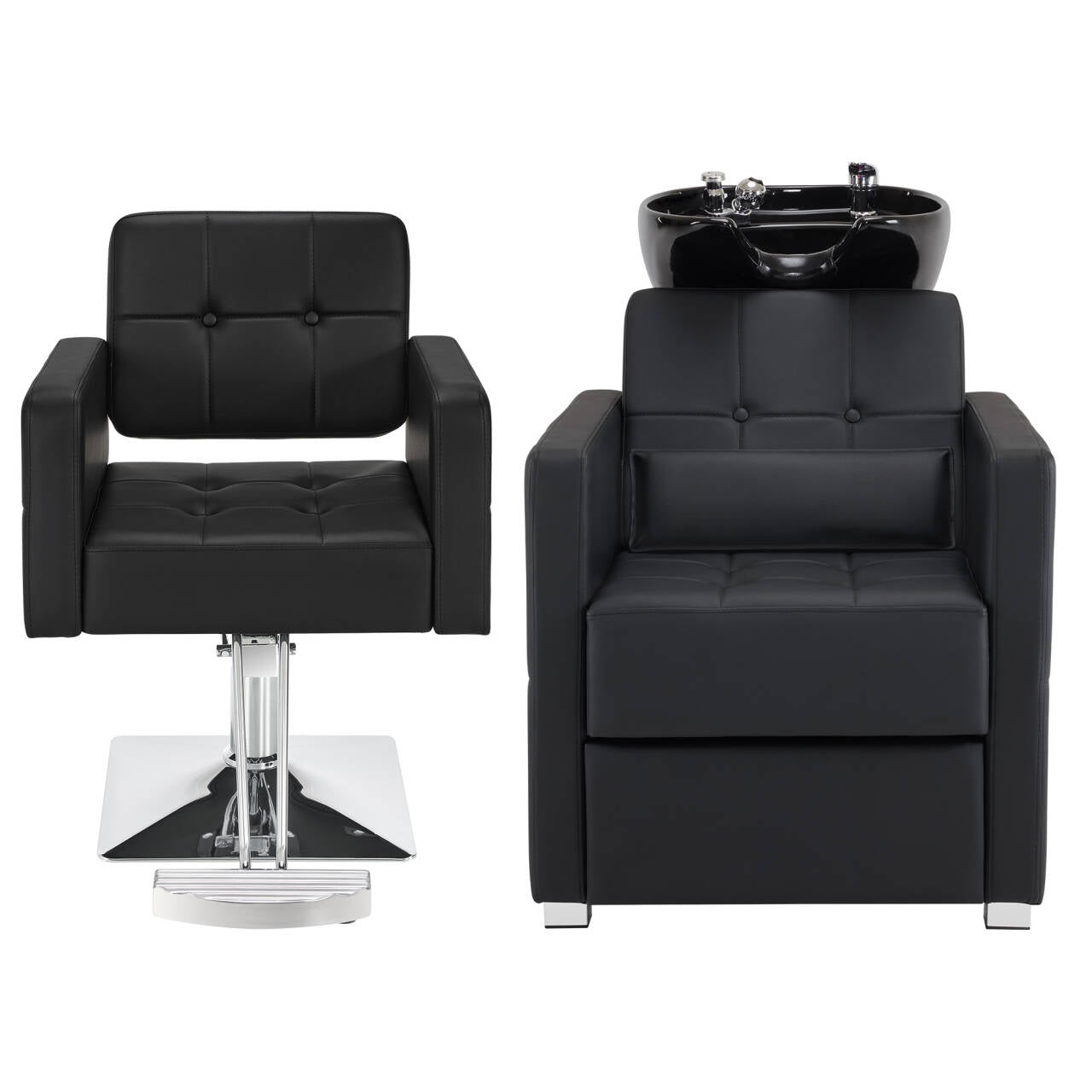 BarberPub Salon Chair 9468 & Backwash Shampoo Chair 9309 Set – Brown Hydraulic Barber Styling Chair with Ceramic Hair Wash Bowl