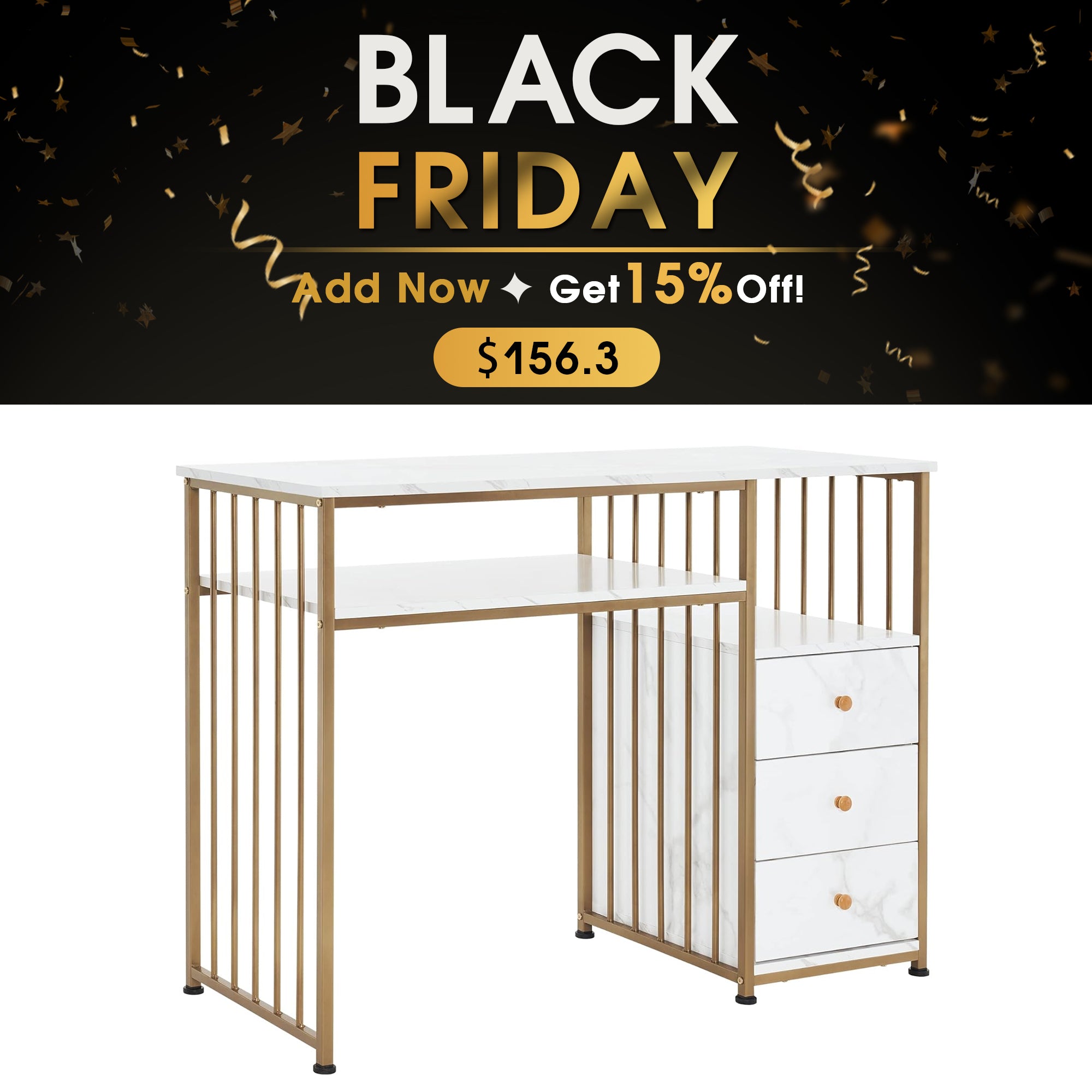 BarberPub Marbling Texture Manicure Table Nail Desk with Storage Drawers 2407