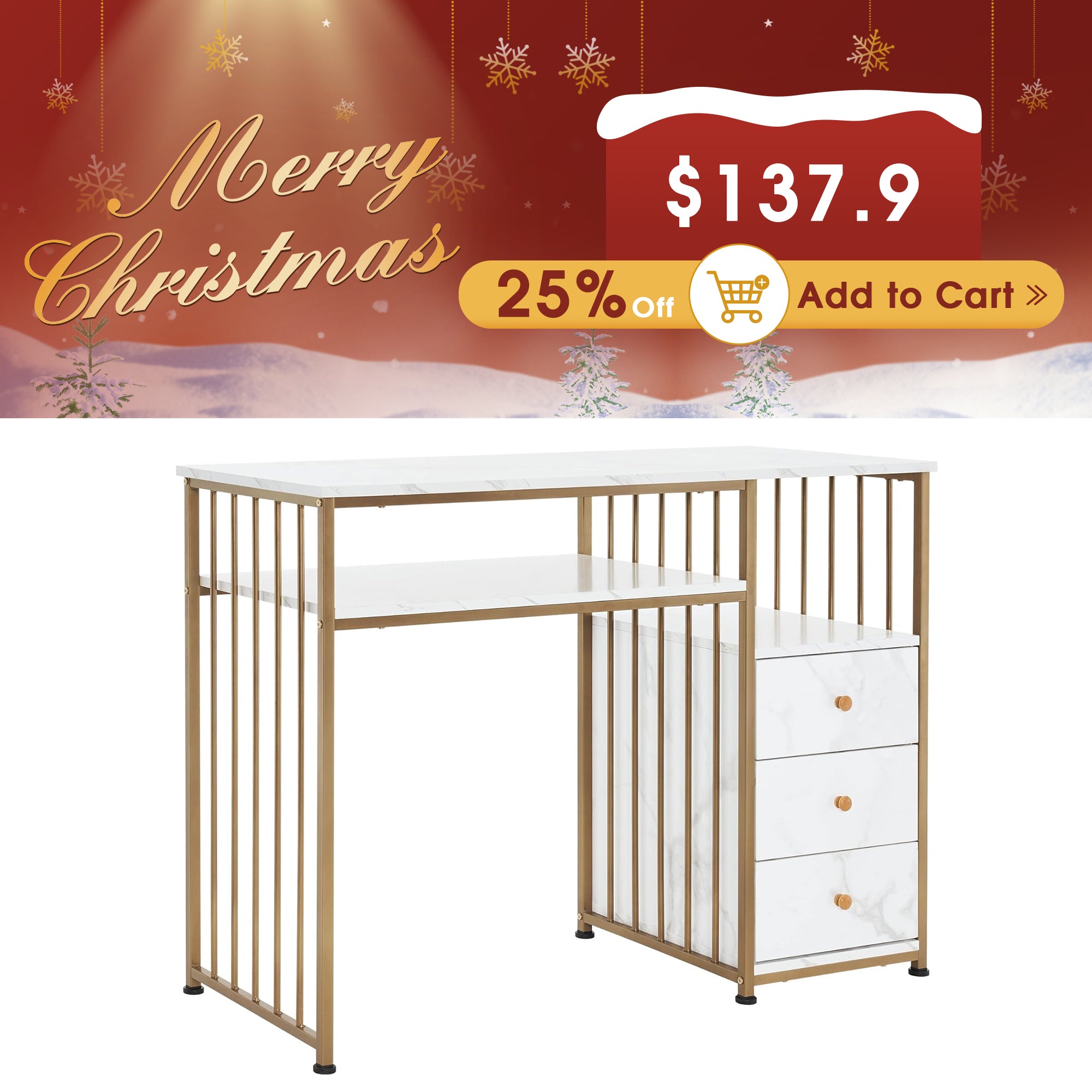 BarberPub Marbling Texture Manicure Table Nail Desk with Storage Drawers 2407