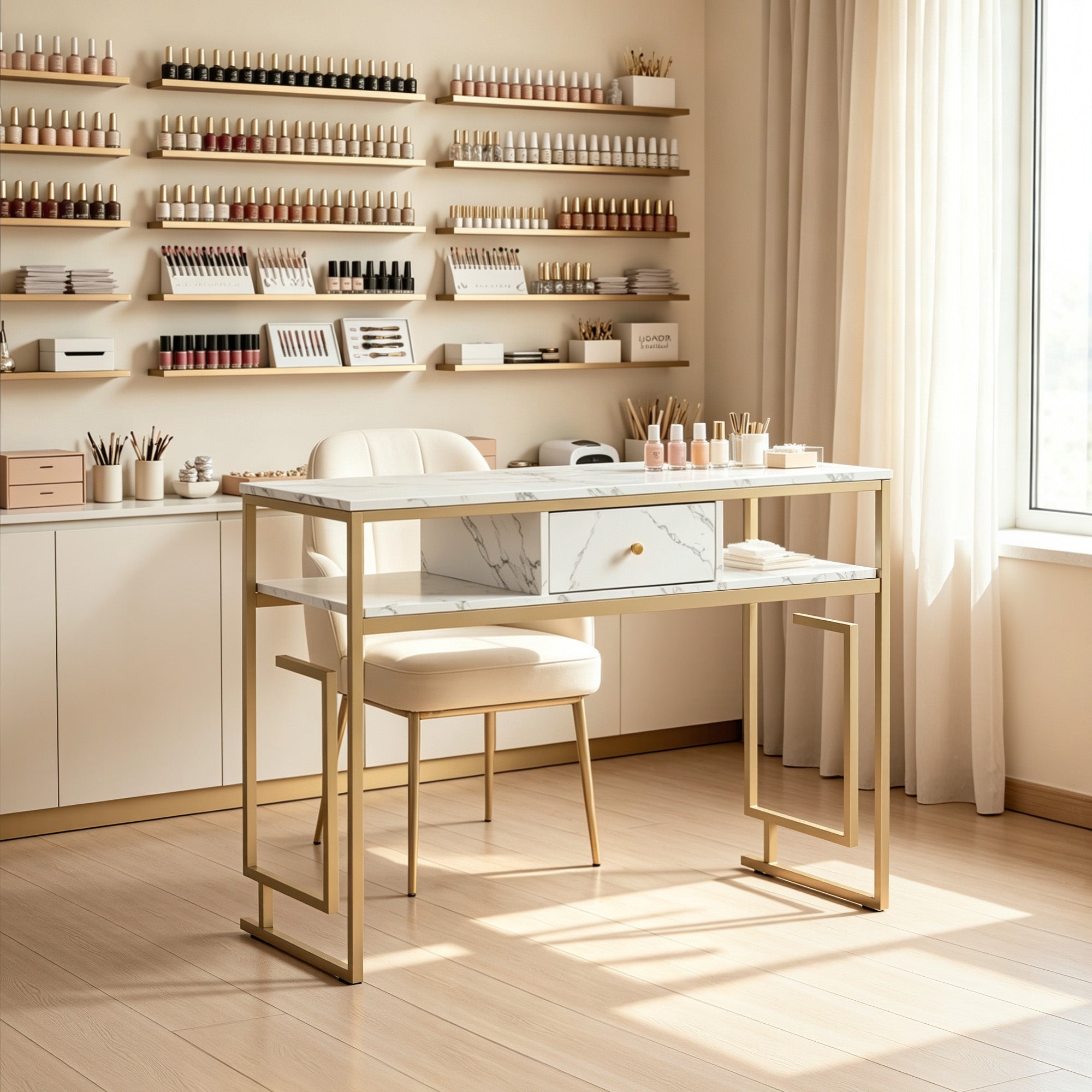 Marbling Panels Beauty Nail Tech Desk with Open Space, Multi-Purpose Manicure Storage Table 2419