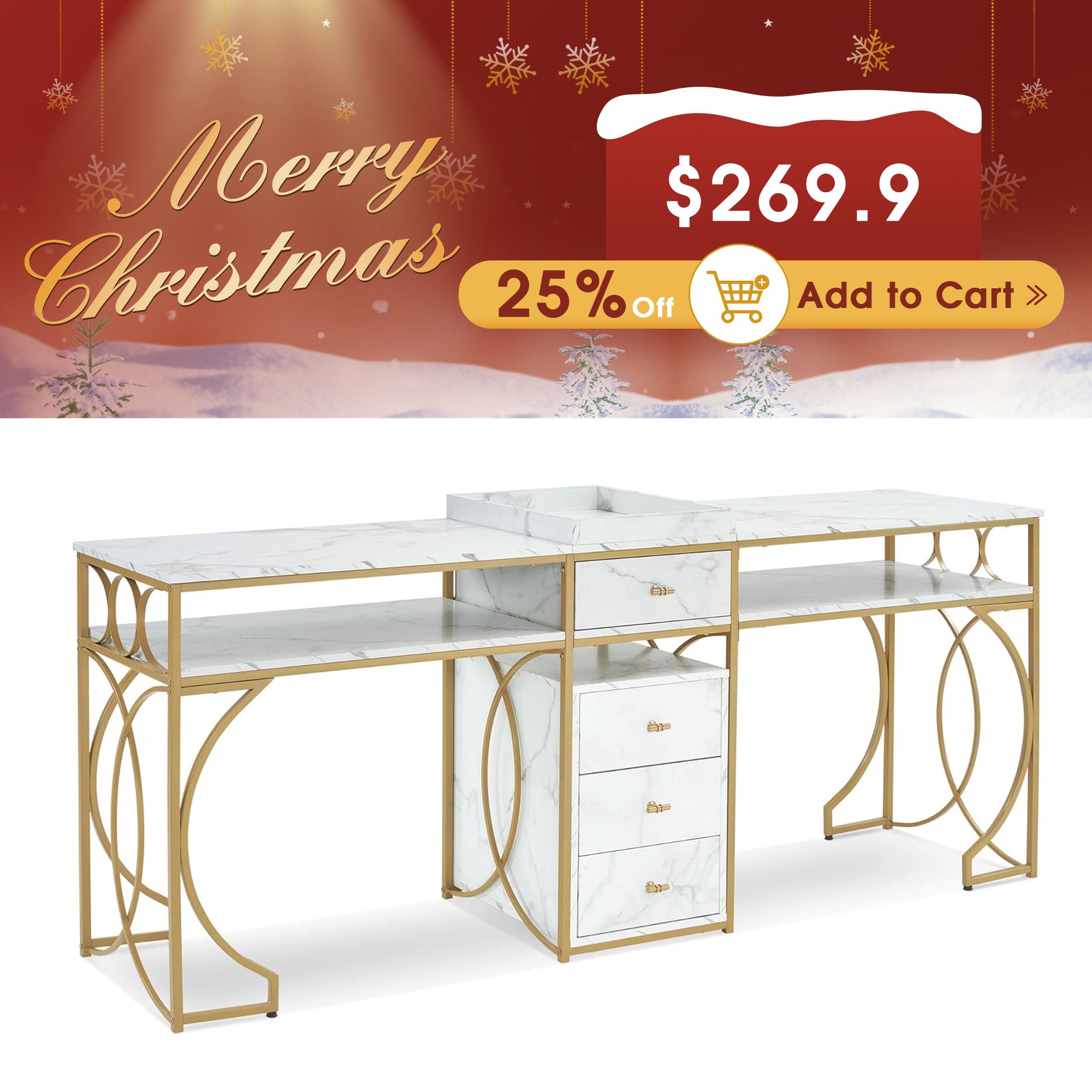 BarberPub Double Manicure Table, Marbling Textured Nail Station for 2 person 2488