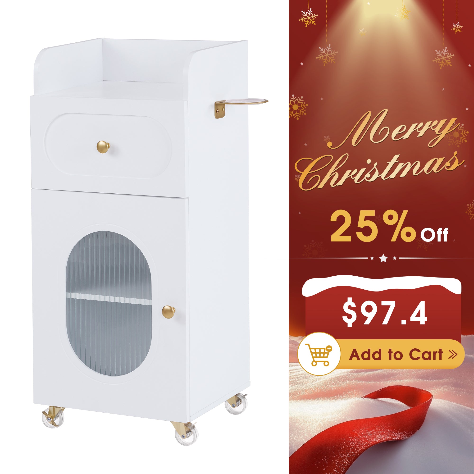 Salon Rolling Trolley Cart with Oval Window, Barber Styling Cart with White Paint Finish 2498