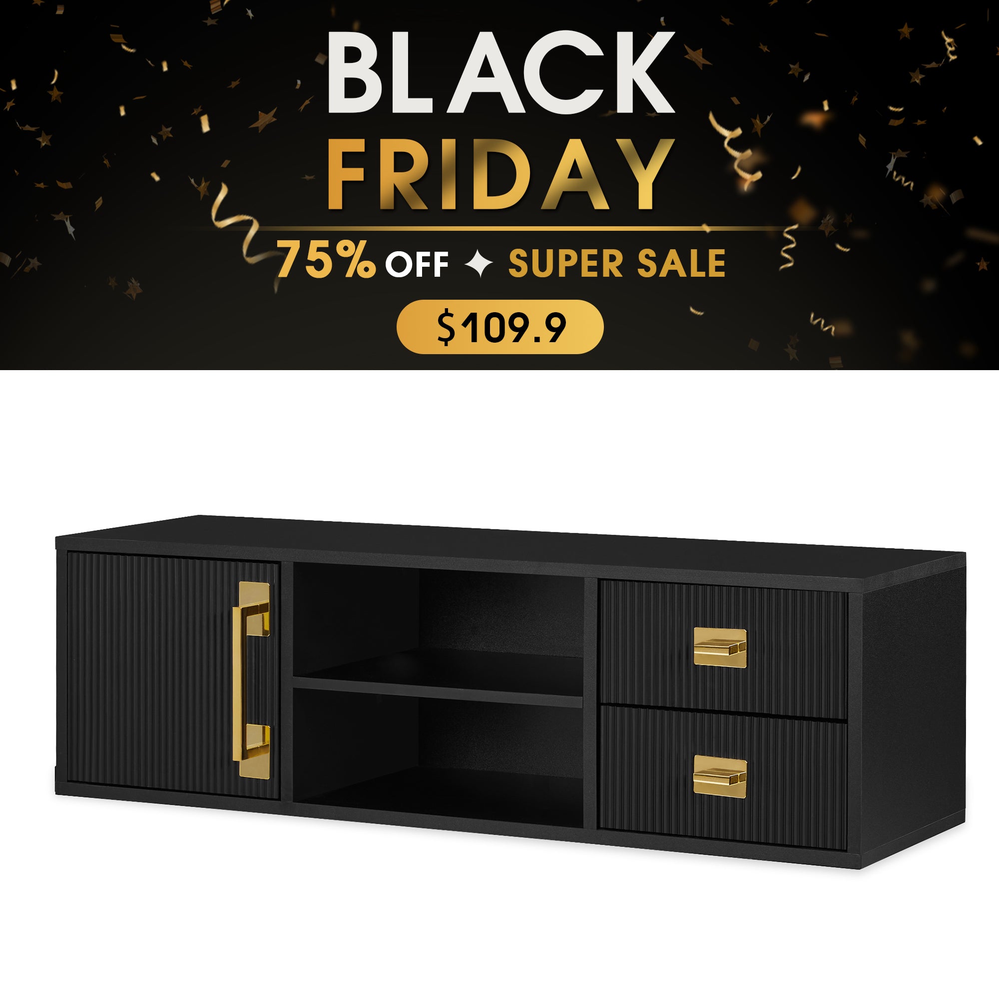 Black Fluted Wall Mounted Barber Station for Storage, Salon Beauty Cabinet with Golden Handle 2504