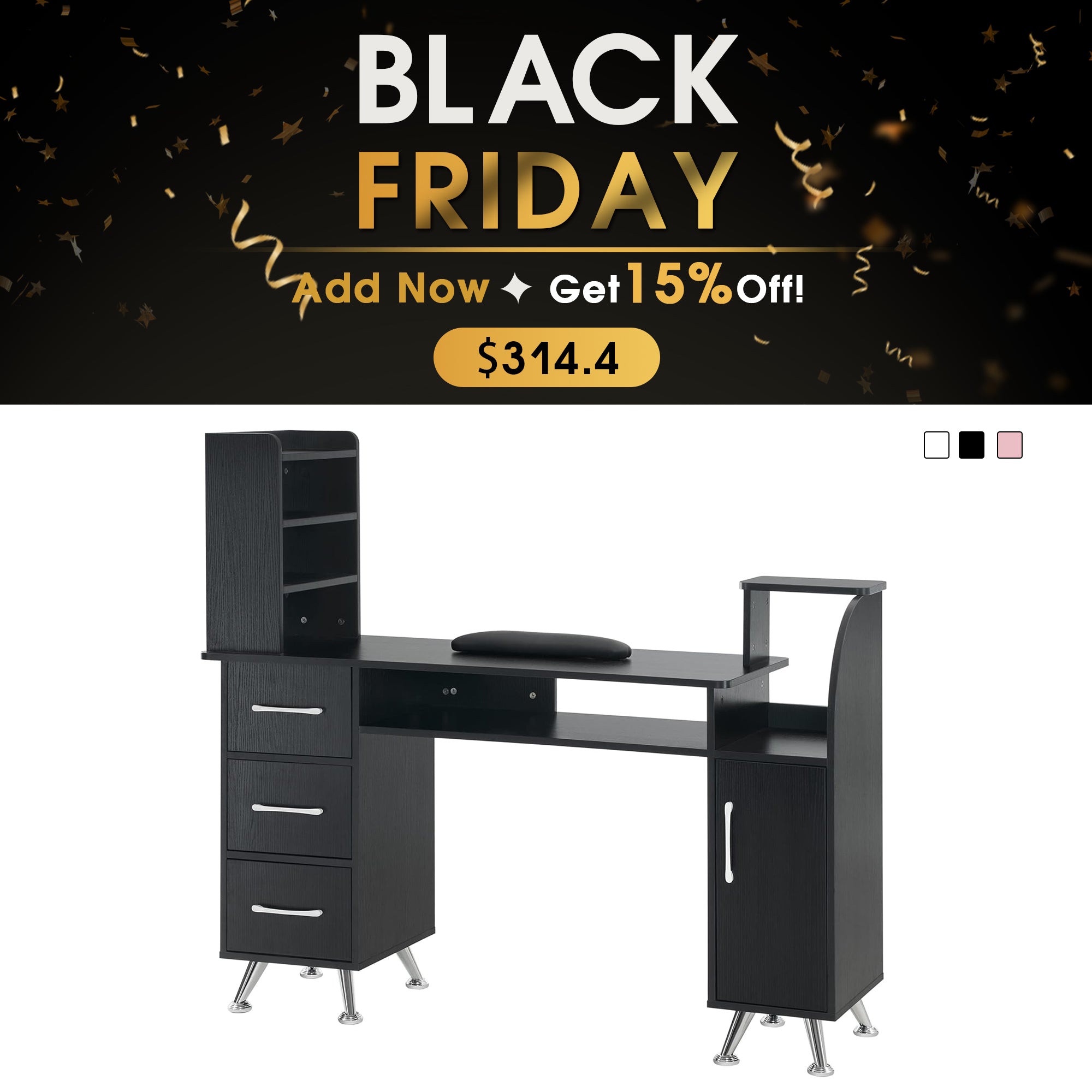 BarberPub Manicure Table with Wrist Cushion Makeup Dressing Station Beauty Nail Desk 2636