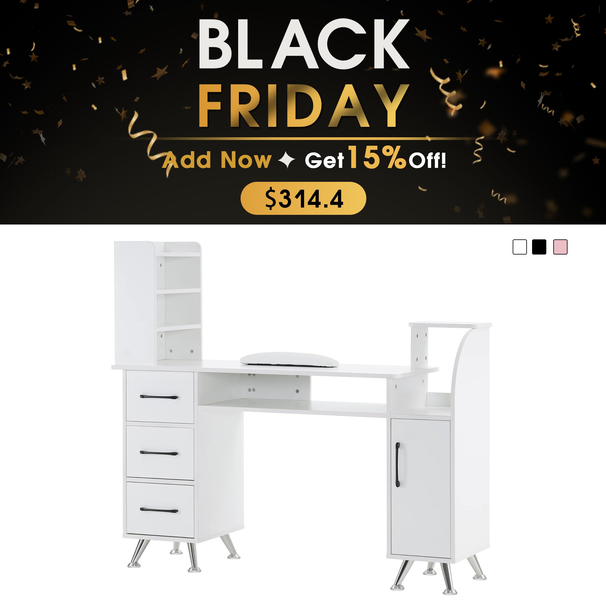 BarberPub Manicure Table with Wrist Cushion Makeup Dressing Station Beauty Nail Desk 2636