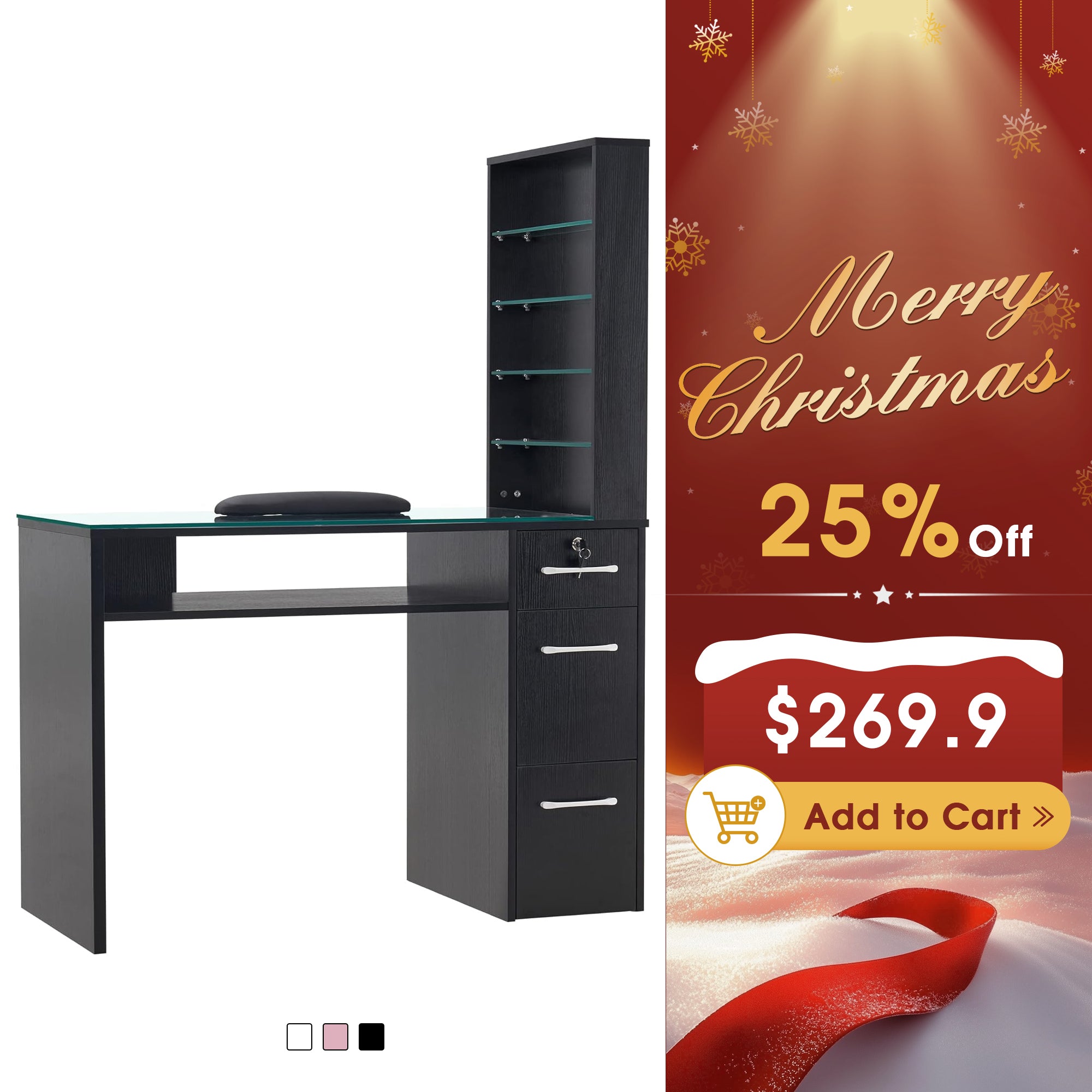 Glass Top Manicure Table With Open Shelves, Nail Tech Desk with Storage Drawers 2673