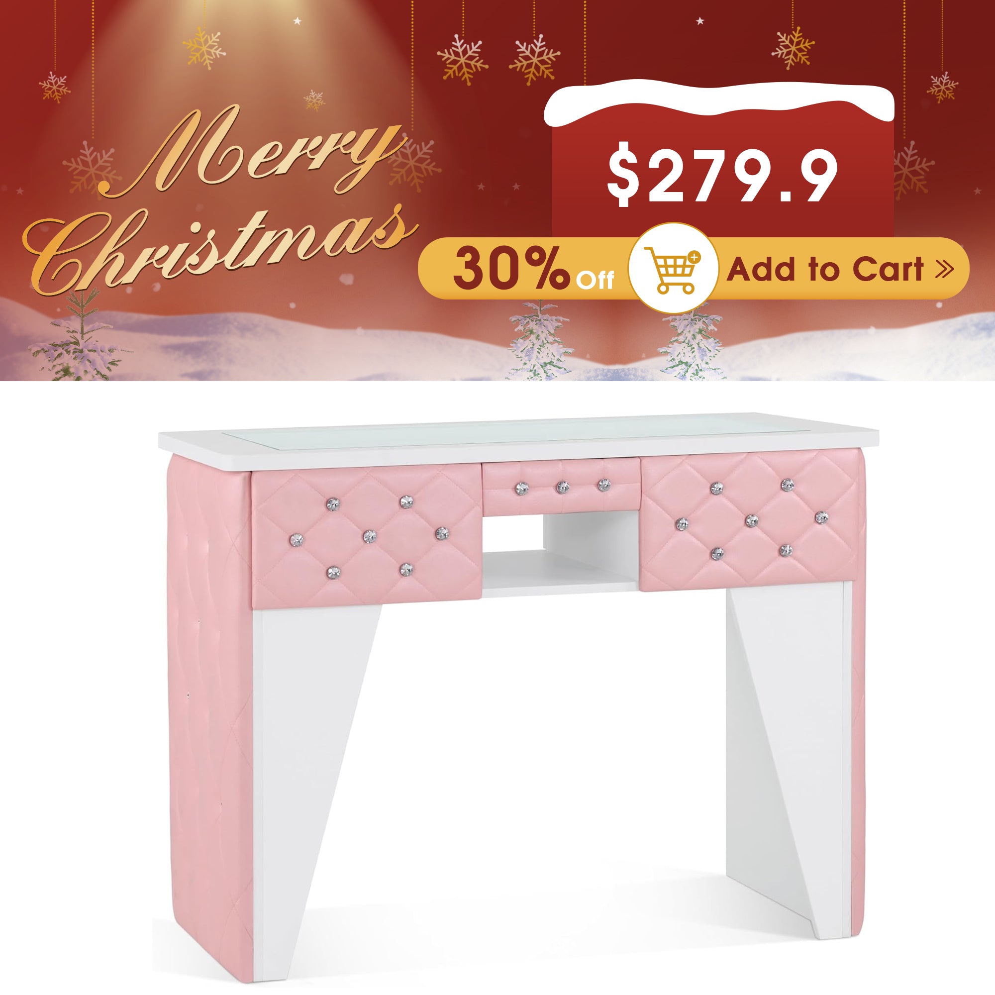 Glass-Top Nail Desk with Storage Drawer & Leather Padding, Beauty Manicure Station 2675