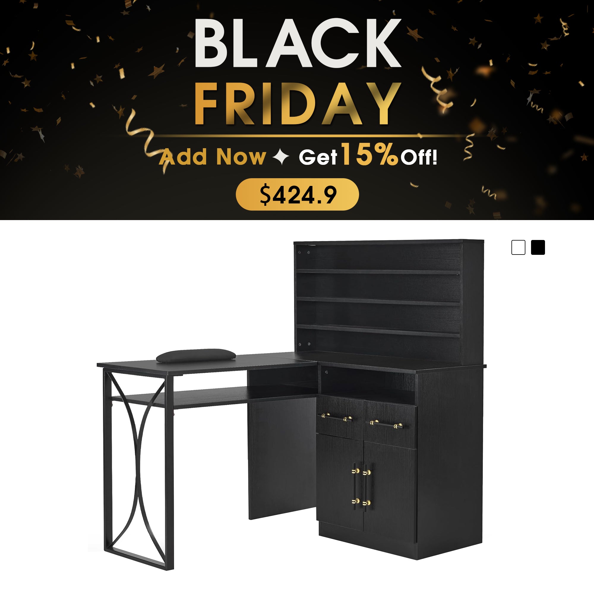 BarberPub L-shaped Nail Desk, Versatile Manicure Table with Metal Support 2833