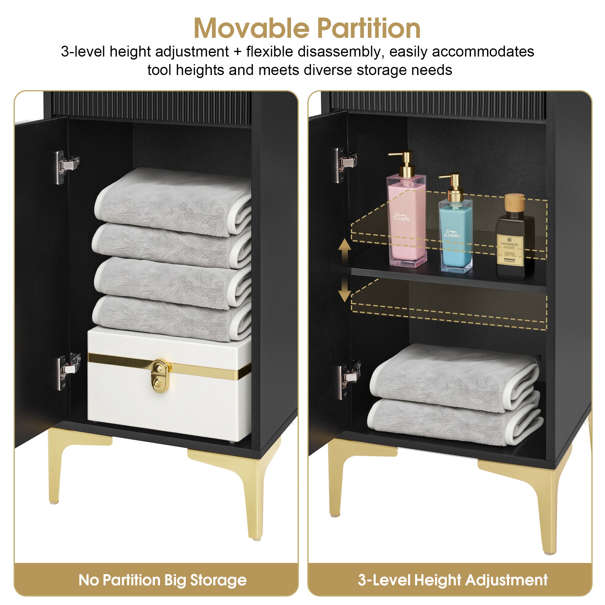 Black Fluted Free-Standing Barber Station for Storage, Salon Beauty Cabinet with Golden Handle 2027
