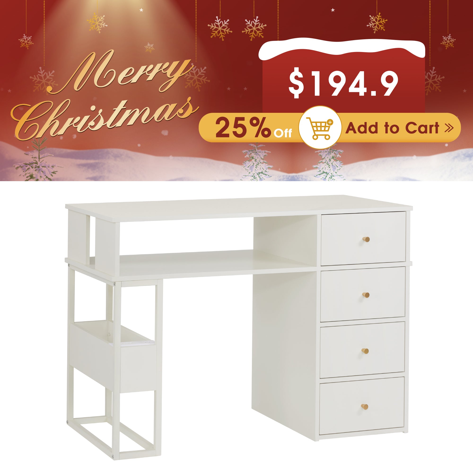 Cream White Nail Tech Desk with Built-In Storage, AC Outlets & USB Ports, Modern Manicure Equipment 2993