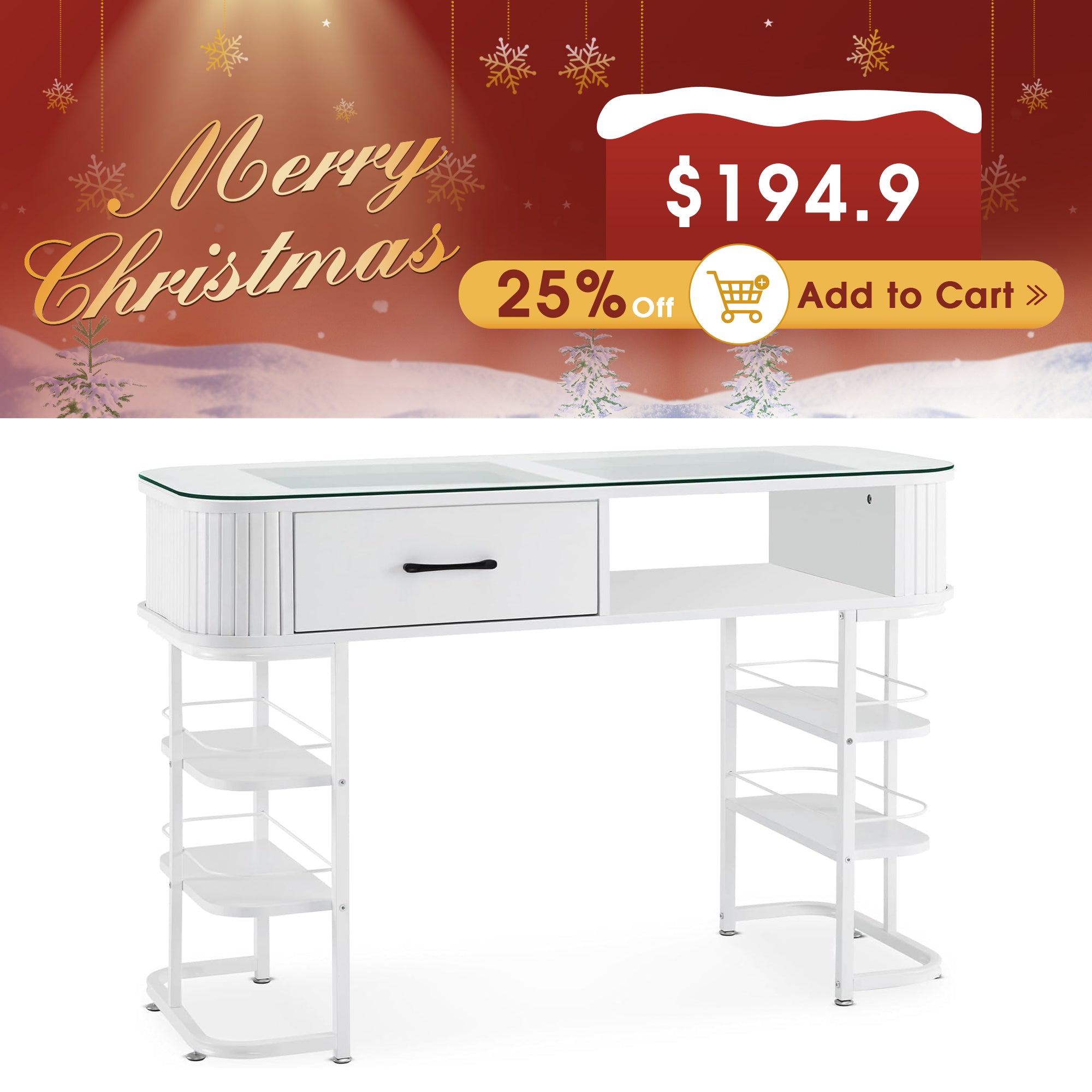 BarberPub Modern Minimalist Manicure Table, Acetone-Resistant Nail Tech Desk with Glass Top 2995