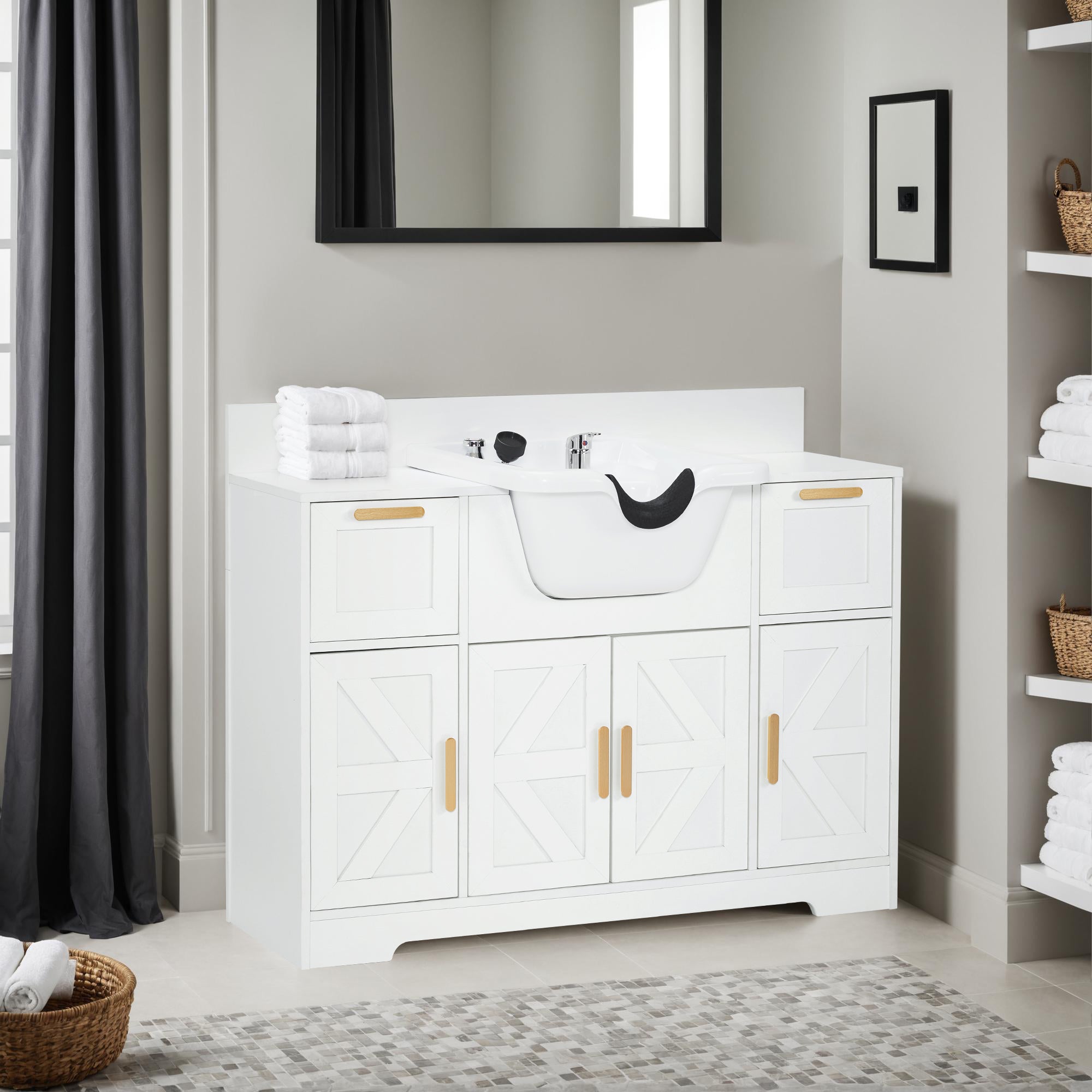 Barber Shampoo Storage Station, Hair Salon Shampoo Equipment with Backwash Sink & Cabinet 7137