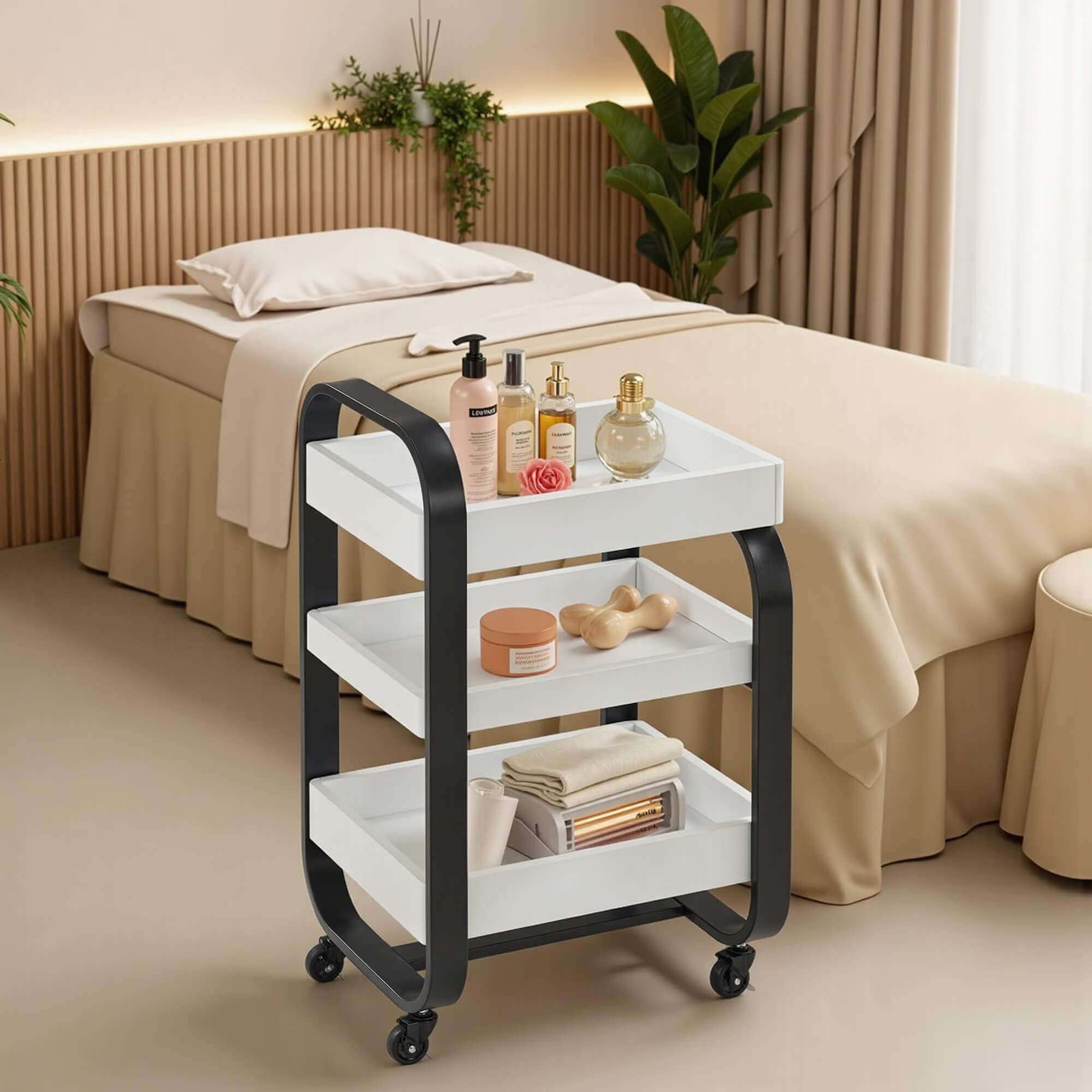 3-Tier Modern Salon Rolling Trolley with Metal Frame, Barber Storage Cart with Lockable Wheels 2085