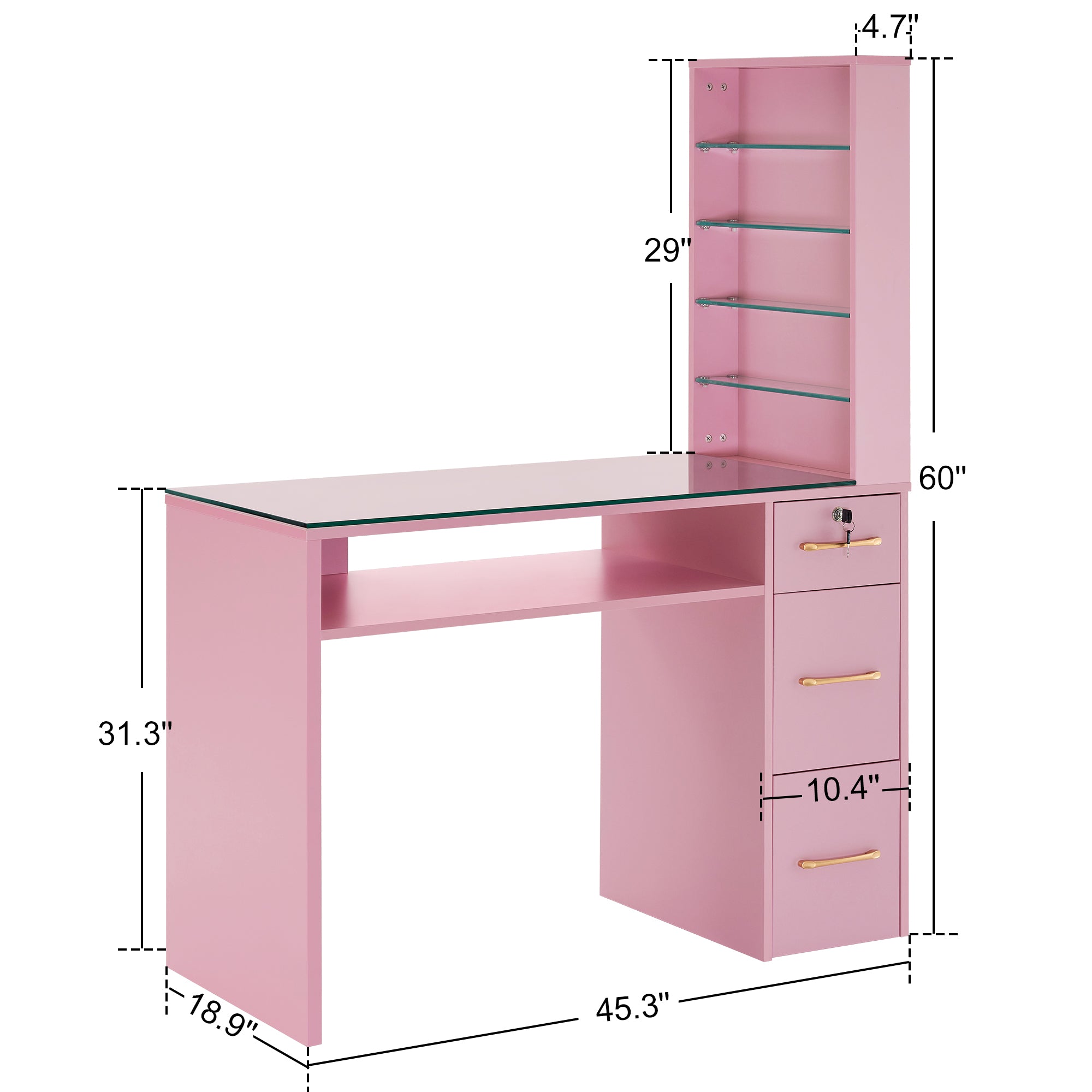 Glass Top Manicure Table With Open Shelves, Nail Tech Desk with Storage Drawers 2673