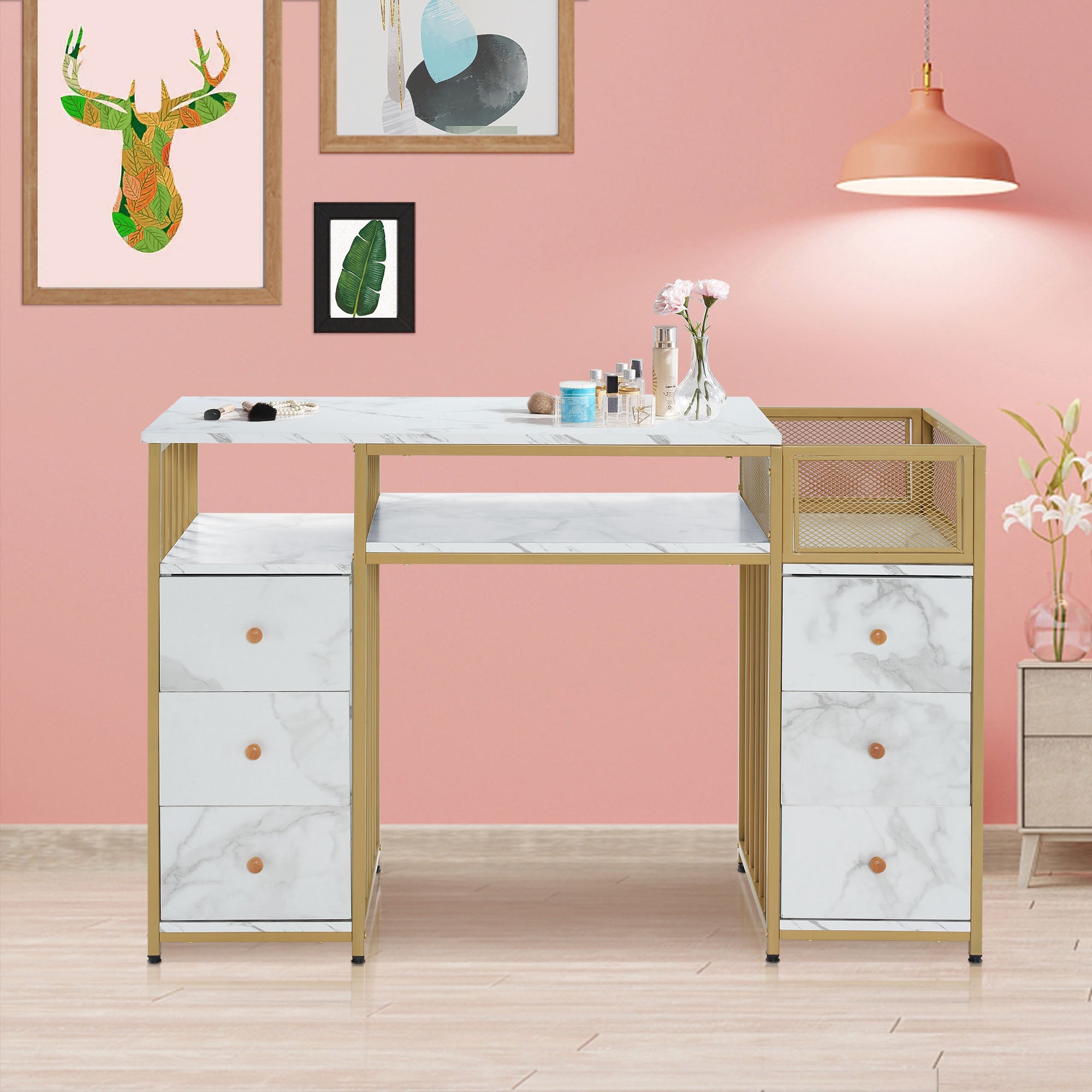Marbling Nail Tech Desk with Metal Frame, Manicure Beauty Storage Organizer with Drawers 2425