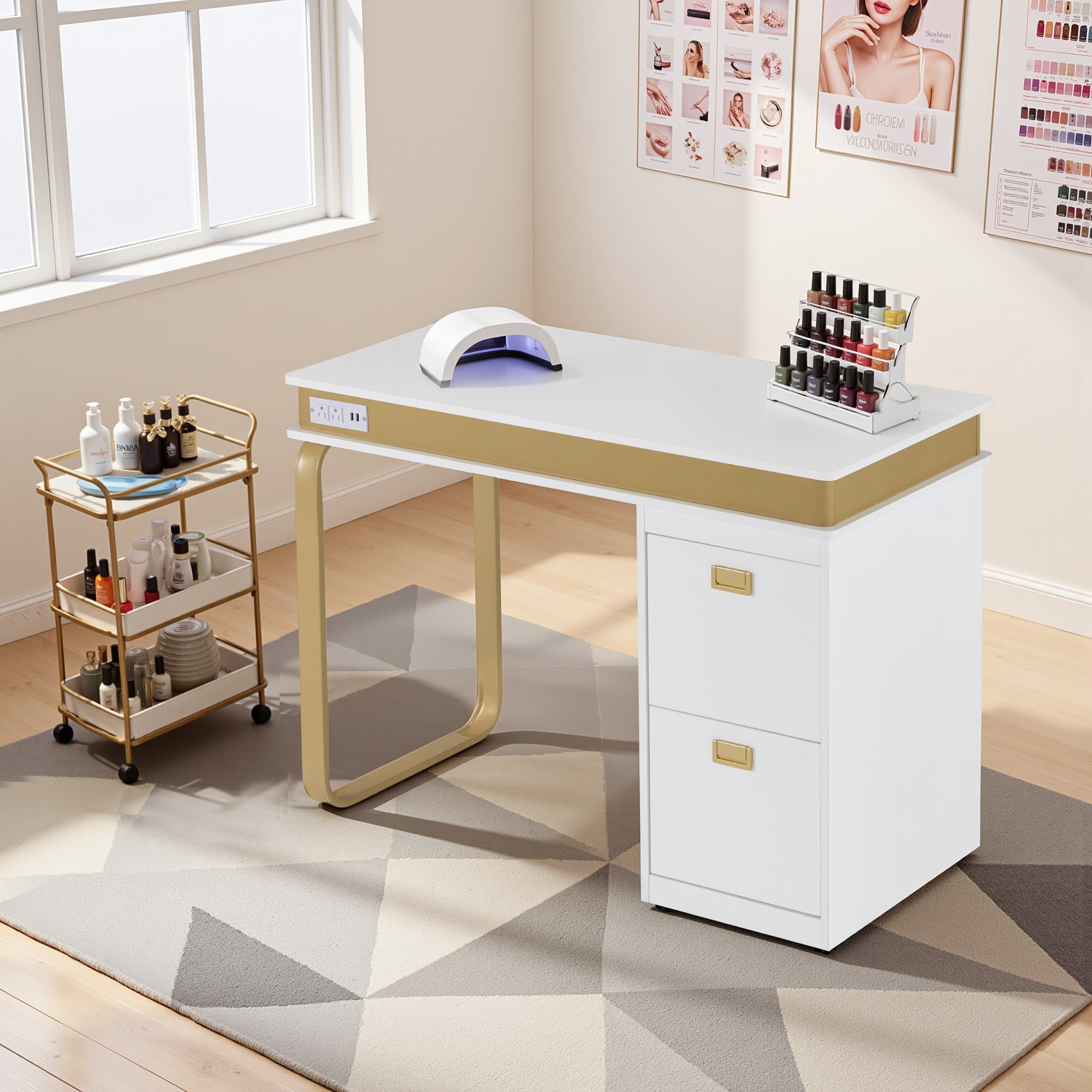 Modern White & Gold Manicure Table with Outlets, Beauty Nail Desk with Big Drawers for Storage 2626