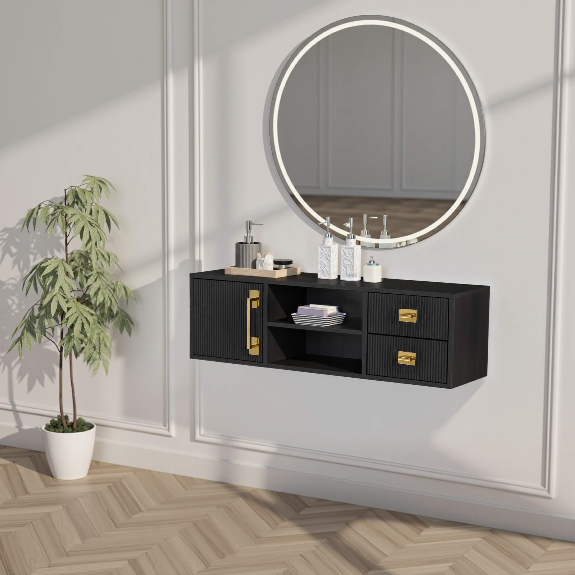 Black Fluted Wall Mounted Barber Station for Storage, Salon Beauty Cabinet with Golden Handle 2504