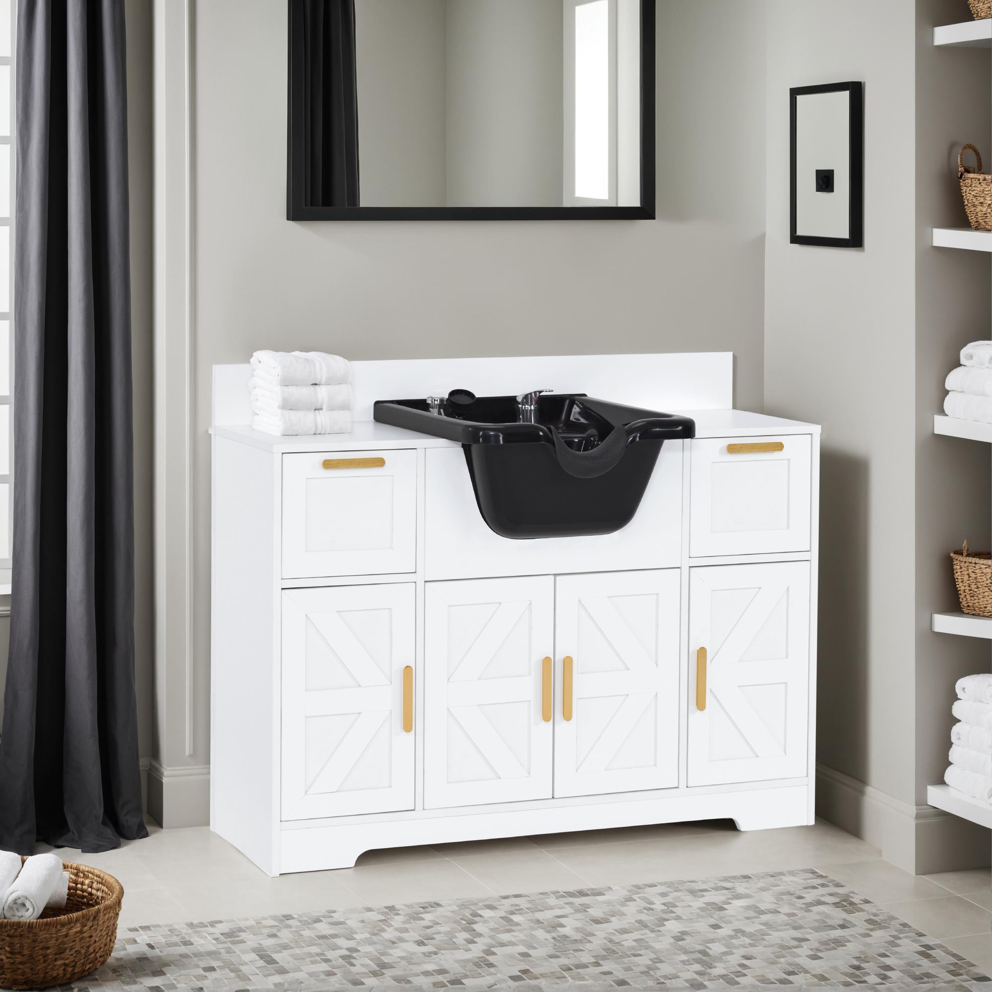 Barber Shampoo Storage Station, Hair Salon Shampoo Equipment with Backwash Sink & Cabinet 7137