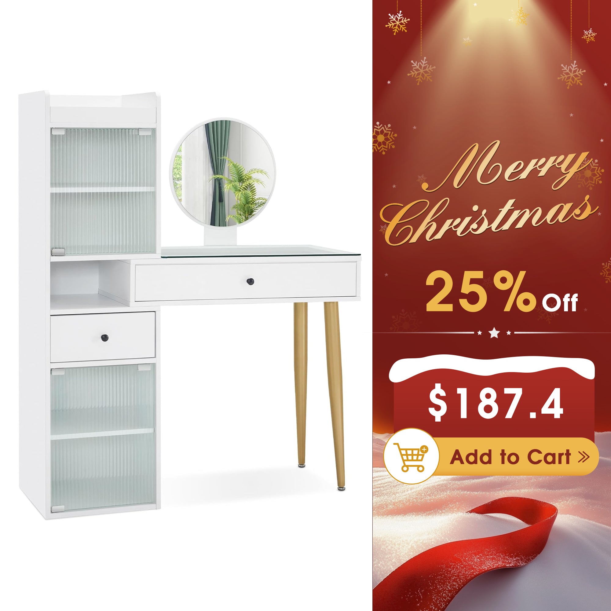 BarberPub White Vanity Desk with Mirror Dressing Table with Glass-Top Home Make-up Equipment 3375