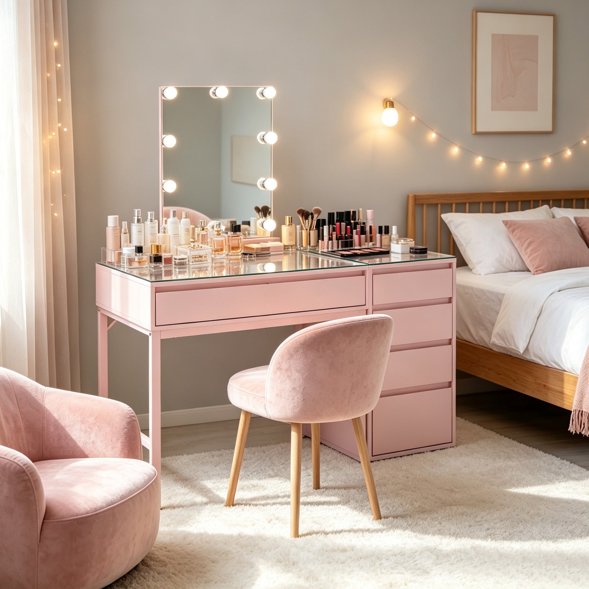 BarberPub Makeup Vanity Desk with Mirror&LED Lights, Glass Top Dressing Table with Jewelry Storage 3381