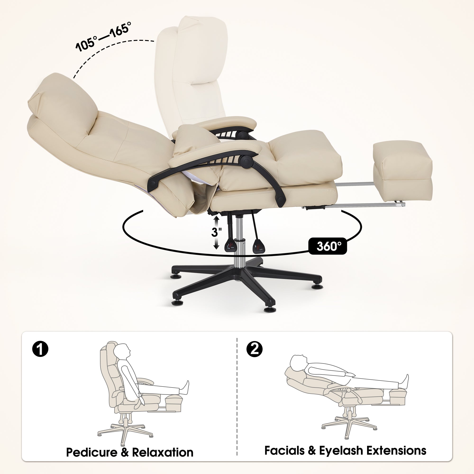 BarberPub Reclining Salon Pedicure Chair, 360° Swivel, Adjustable Height Lash Chair 8183