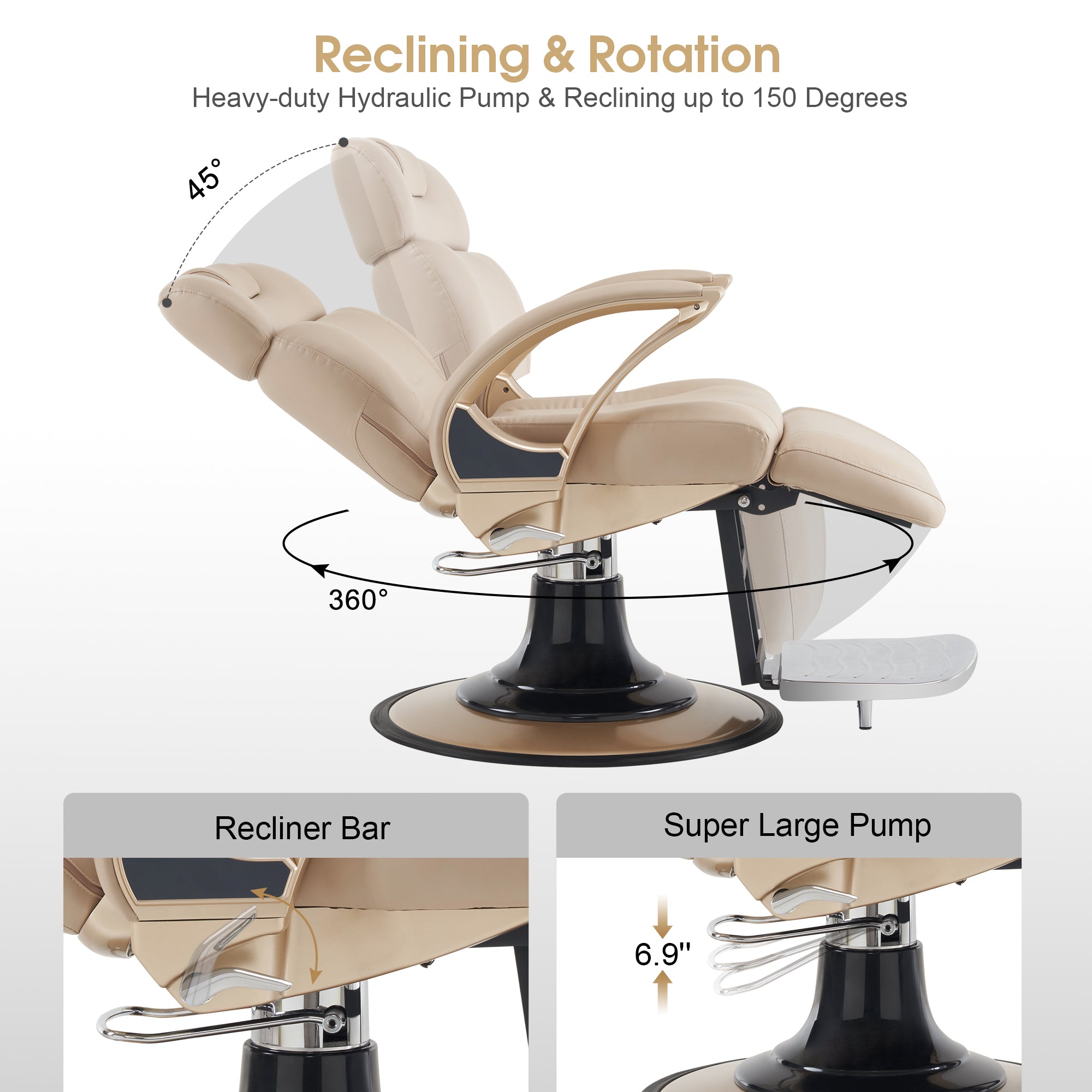 BarberPub Reclining Barber Salon Chair, Hair Stylist Chair with Both Sides Levers 5945