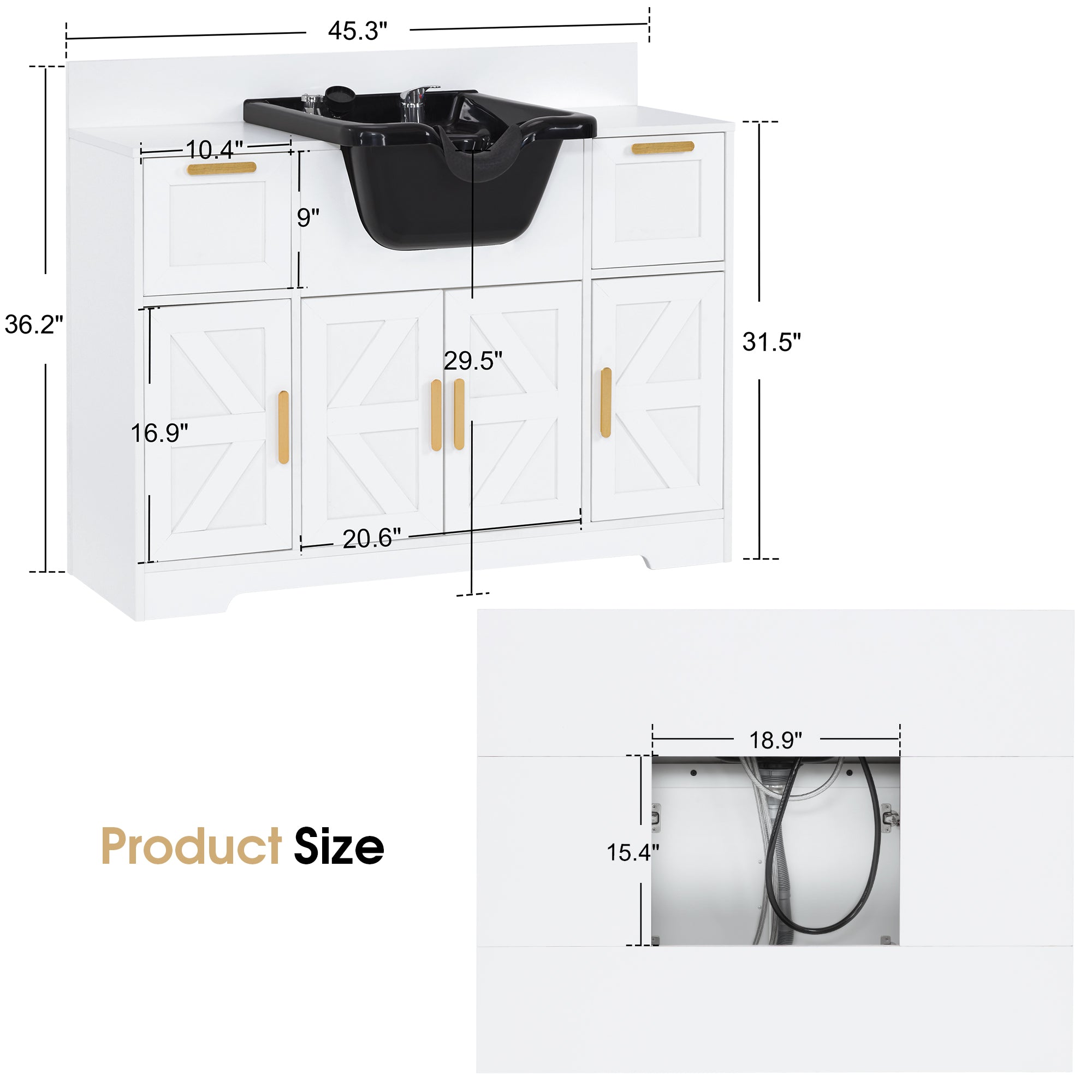 Barber Shampoo Storage Station, Hair Salon Shampoo Equipment with Backwash Sink & Cabinet 7137