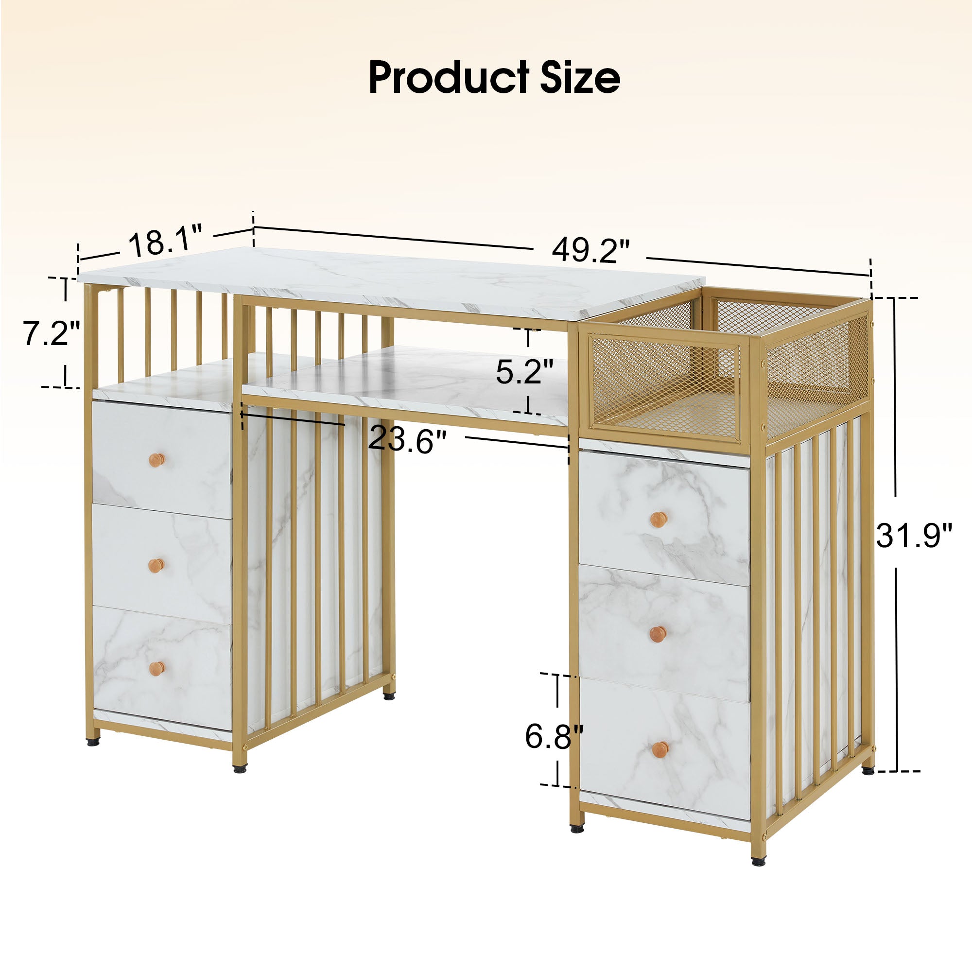 Marbling Nail Tech Desk with Metal Frame, Manicure Beauty Storage Organizer with Drawers 2425