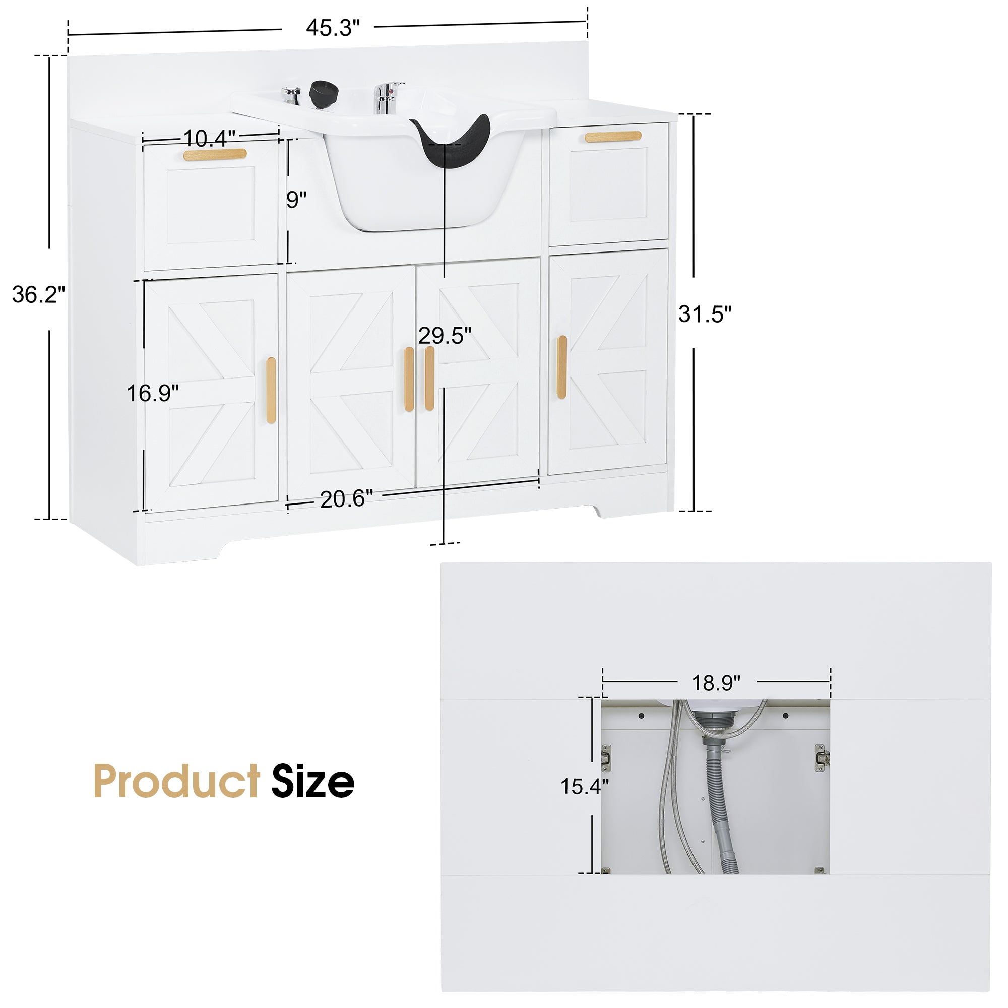 Barber Shampoo Storage Station, Hair Salon Shampoo Equipment with Backwash Sink & Cabinet 7137
