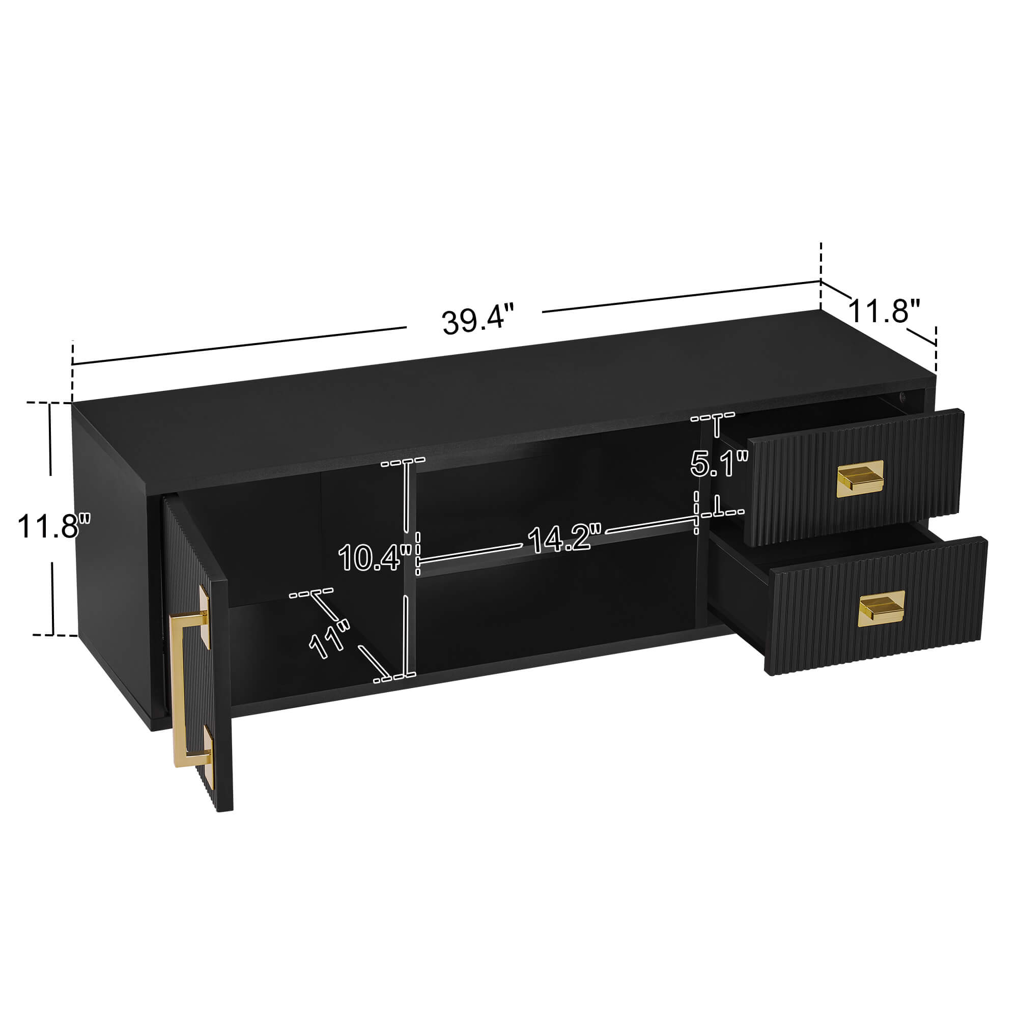 Black Fluted Wall Mounted Barber Station for Storage, Salon Beauty Cabinet with Golden Handle 2504