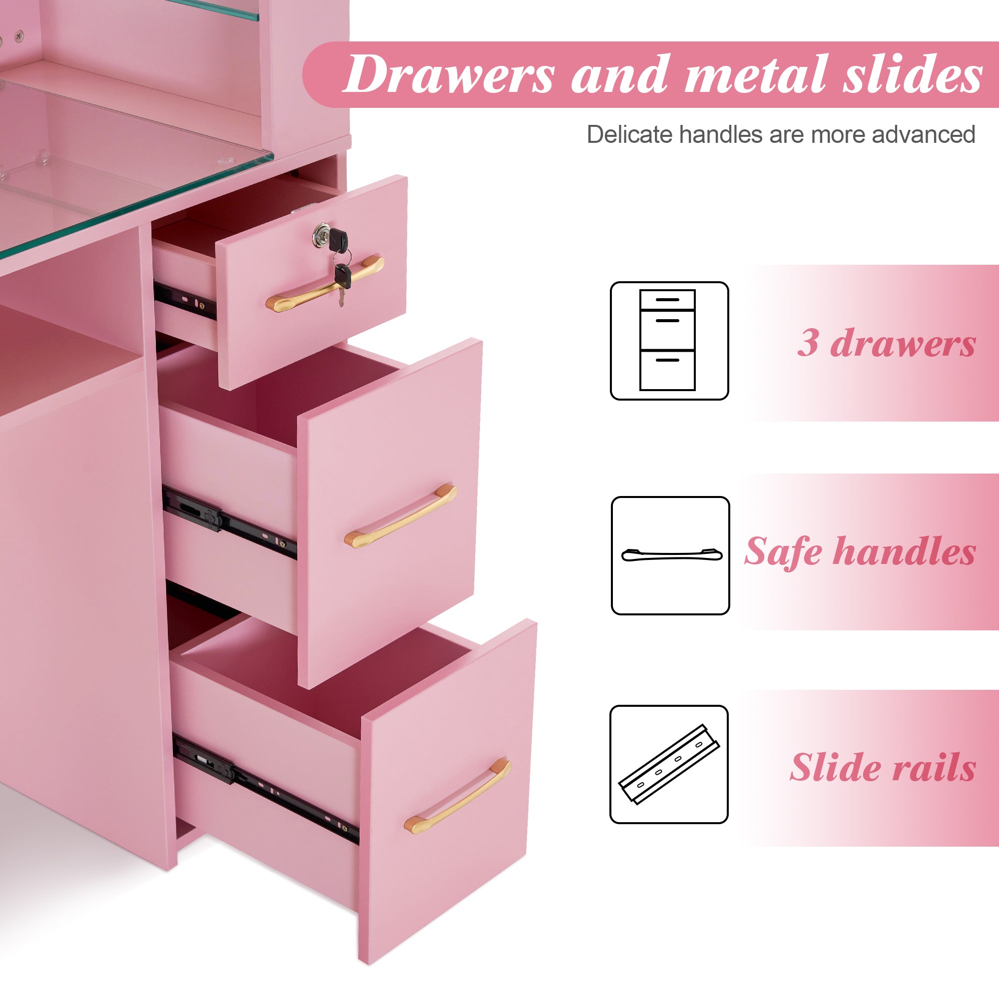 Glass Top Manicure Table With Open Shelves, Nail Tech Desk with Storage Drawers 2673